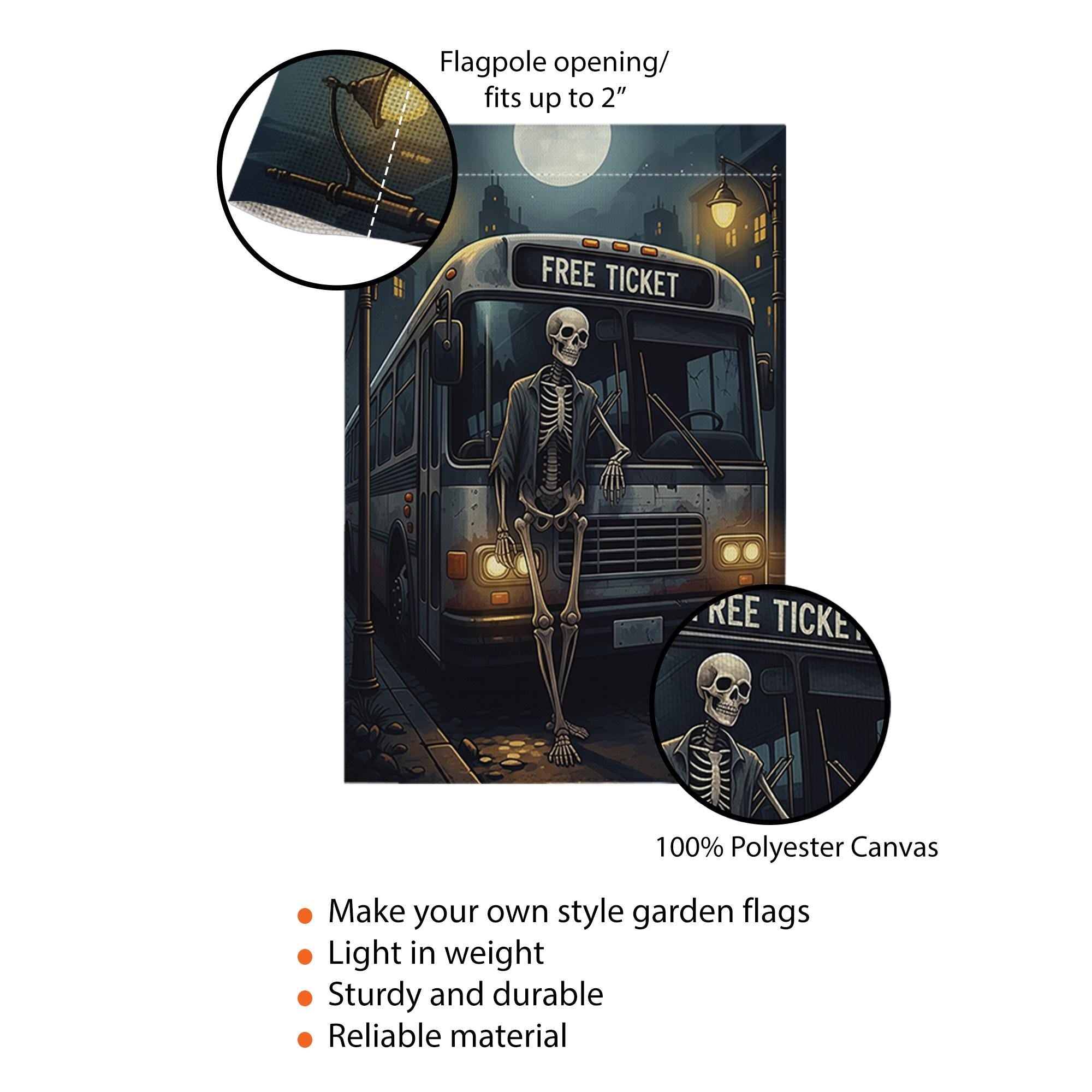 Skeleton Bus Stop Halloween Garden Flag – Spooky Funny Yard Decor, Gothic Cemetery Vibes, Outdoor Fall Decoration, Free Ticket Sign