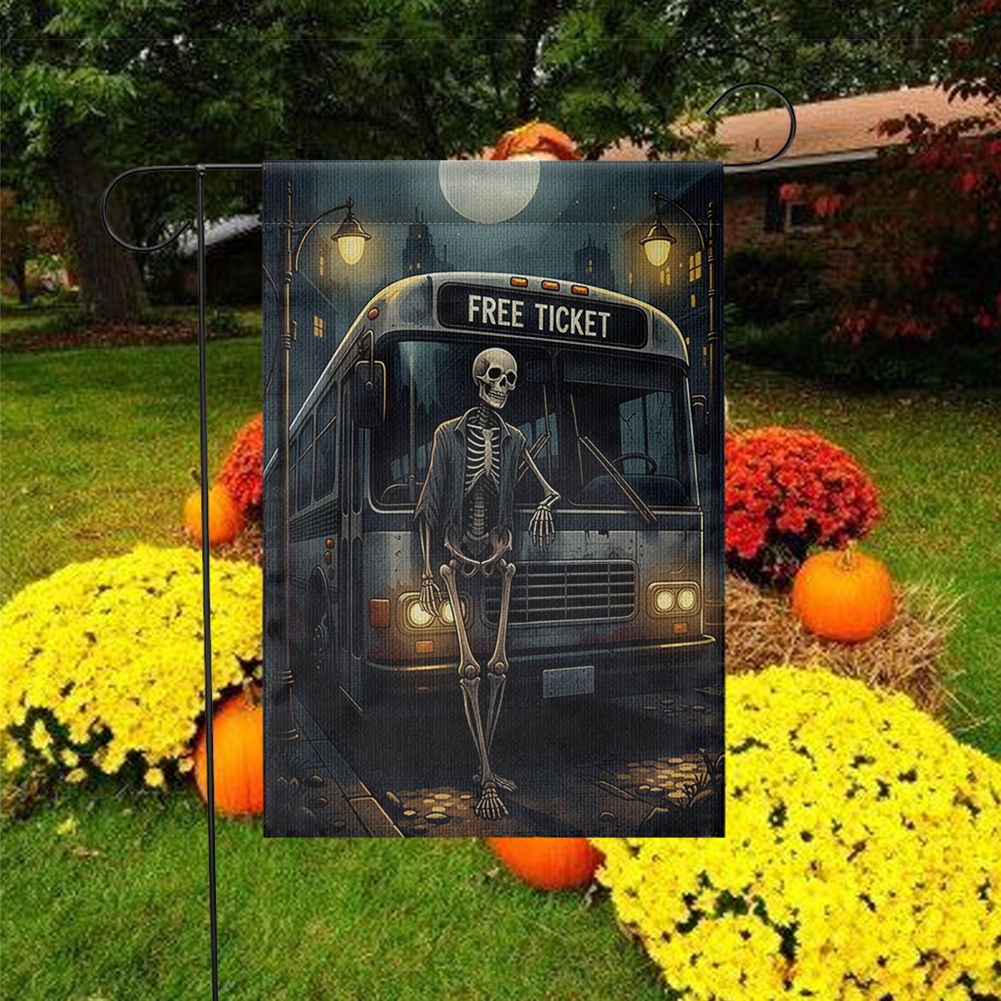 Skeleton Bus Stop Halloween Garden Flag – Spooky Funny Yard Decor, Gothic Cemetery Vibes, Outdoor Fall Decoration, Free Ticket Sign
