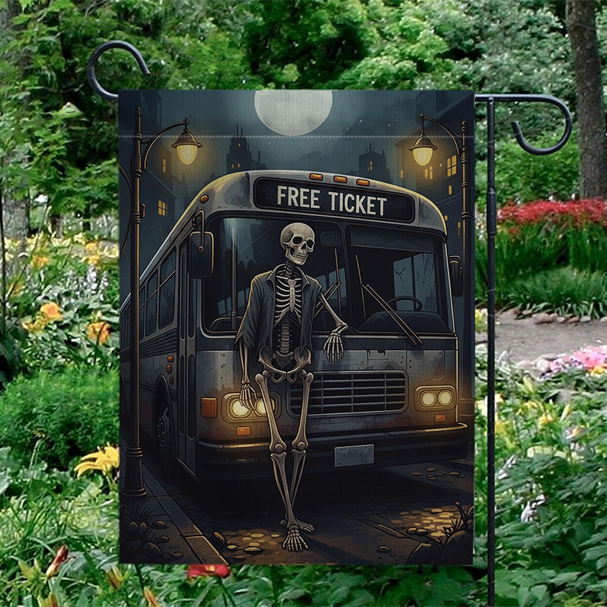 Skeleton Bus Stop Halloween Garden Flag – Spooky Funny Yard Decor, Gothic Cemetery Vibes, Outdoor Fall Decoration, Free Ticket Sign