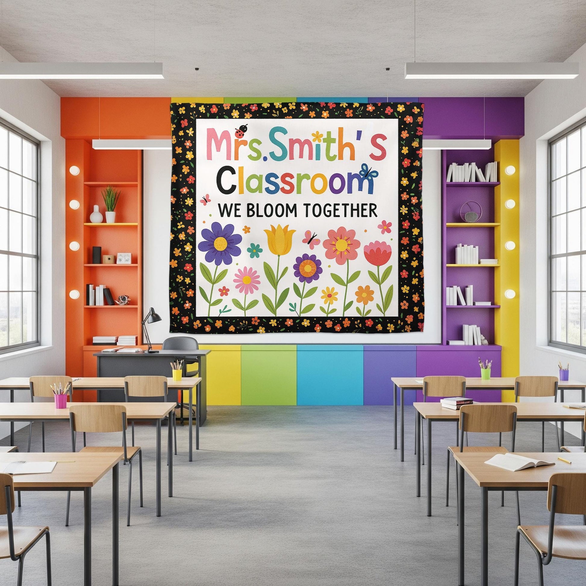 Personalized Classroom Banner – We Bloom Together Floral Wall Tapestry, Teacher Name Sign, Colorful Back to School Classroom Decor