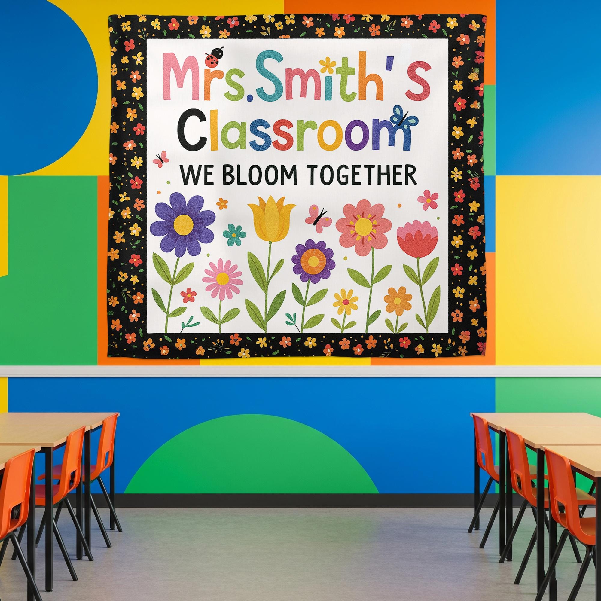 Personalized Classroom Banner – We Bloom Together Floral Wall Tapestry, Teacher Name Sign, Colorful Back to School Classroom Decor