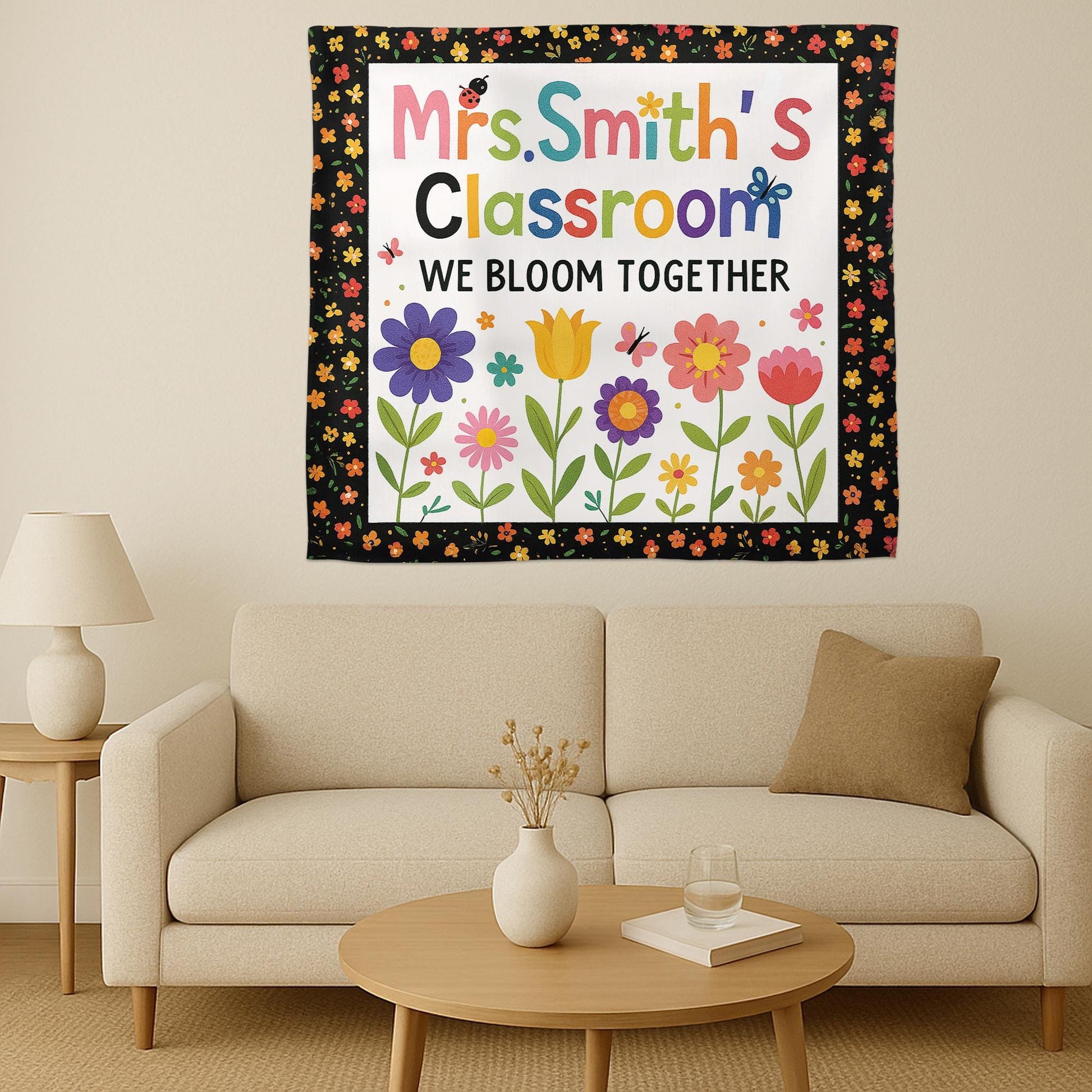 Personalized Classroom Banner – We Bloom Together Floral Wall Tapestry, Teacher Name Sign, Colorful Back to School Classroom Decor