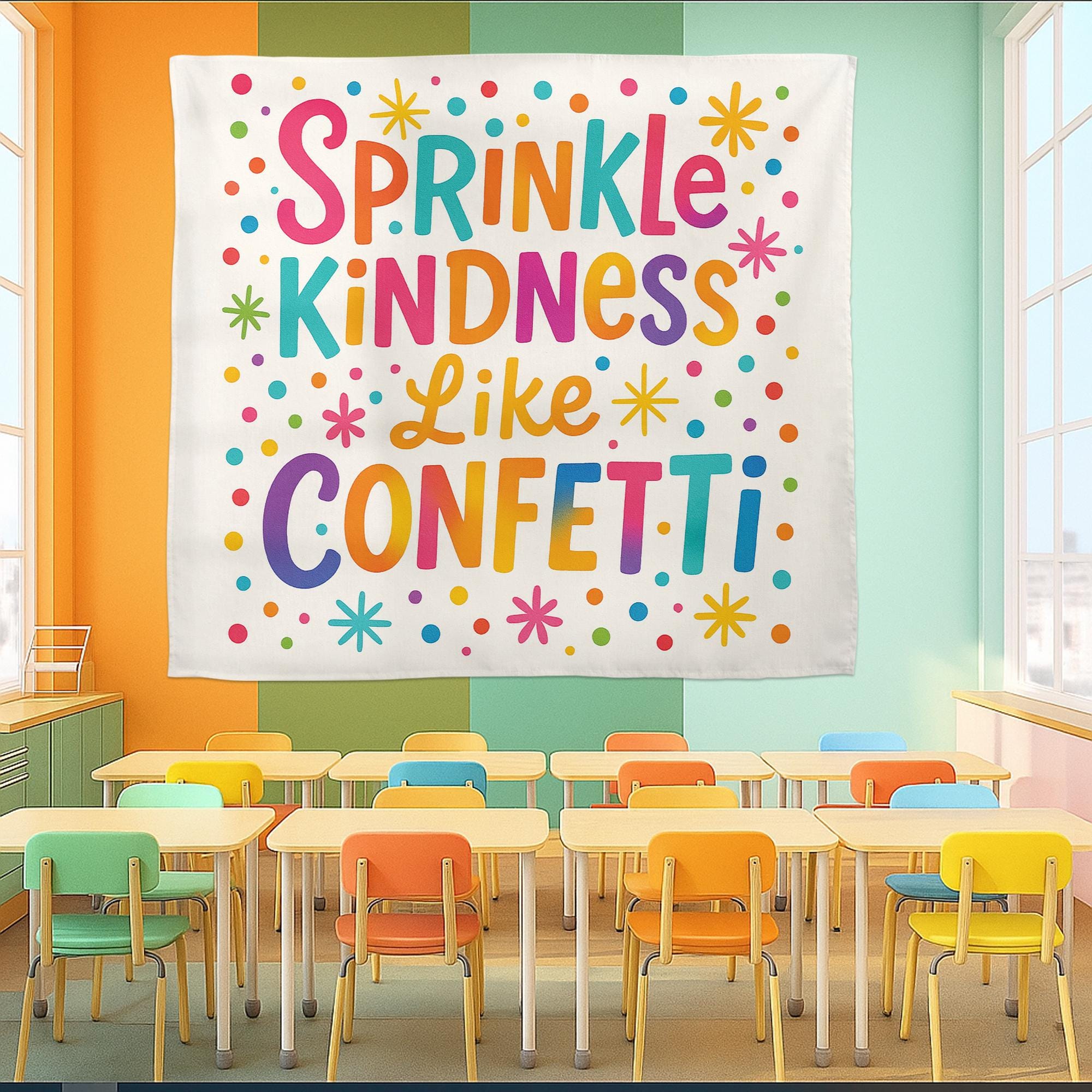 Sprinkle Kindness Like Confetti Tapestry, Classroom Wall Decor, Positive Quote Banner, Motivational Teacher Tapestry, Back To School Decor
