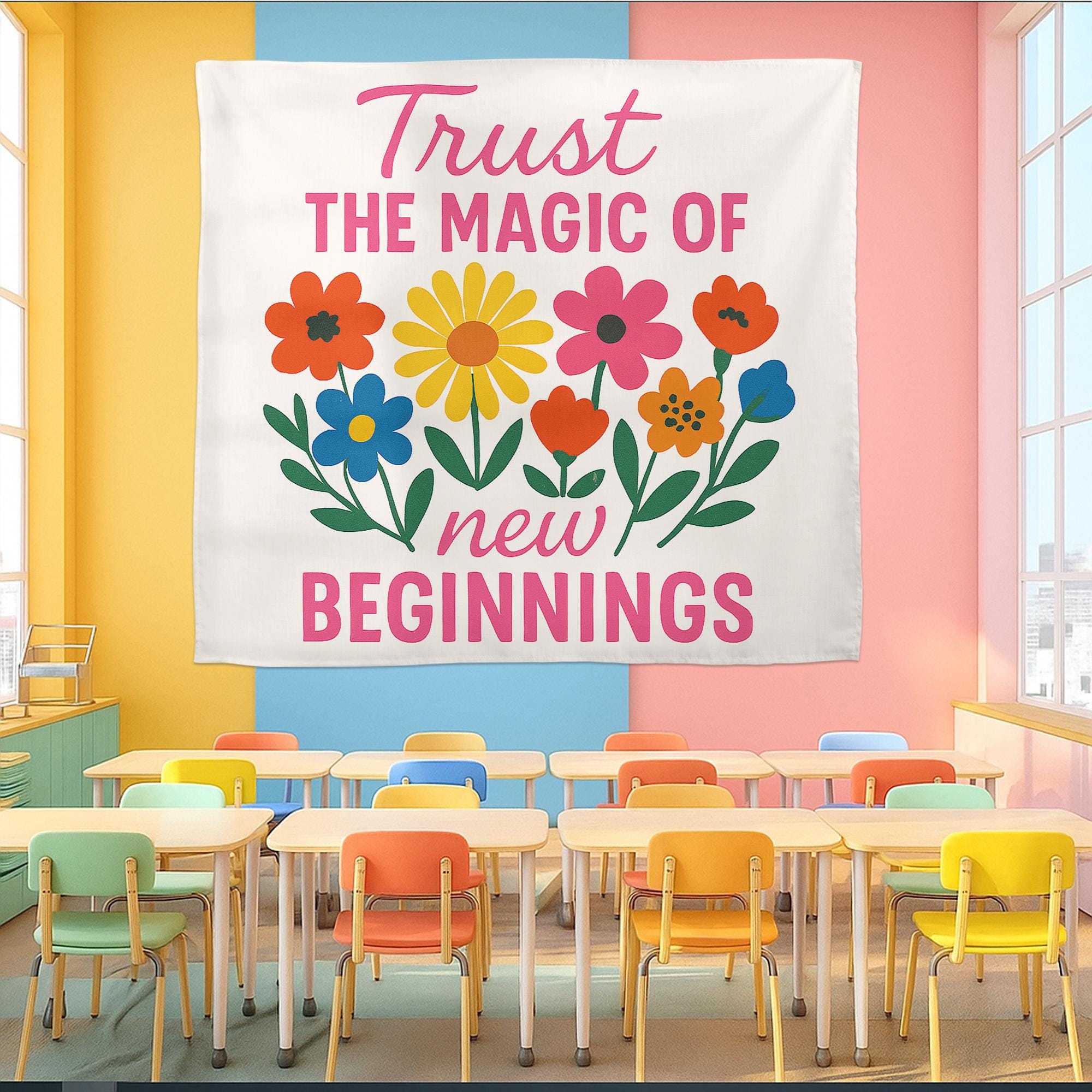 Trust the Magic of New Beginnings Tapestry, Classroom Wall Decor, Teacher Motivation Sign, Positive Quote Banner for School