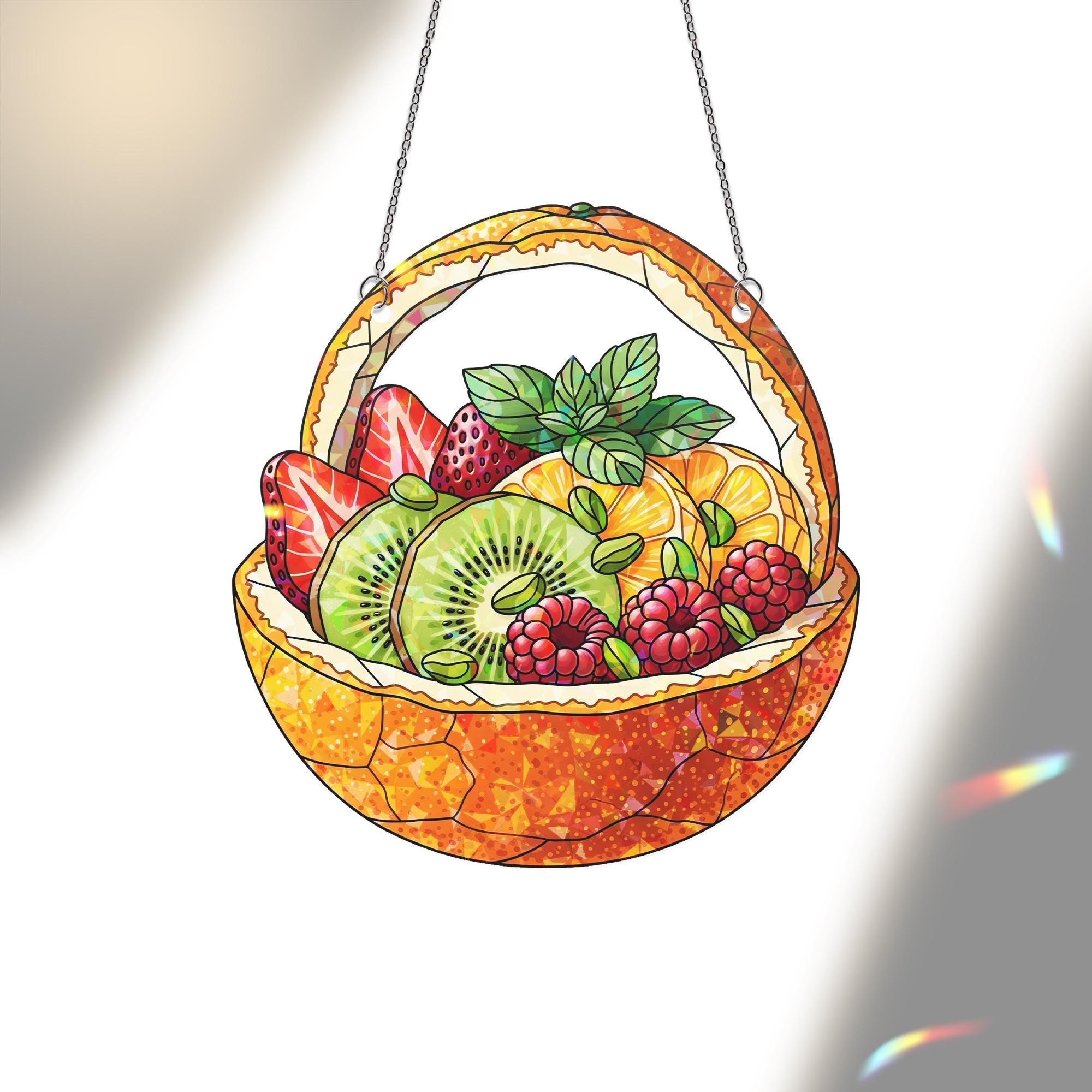Fruit Basket Faux Stained Glass Suncatcher – Colorful Holographic Window Hanging Kitchen Decor, Summer Fruit Lover Gift, Window Art