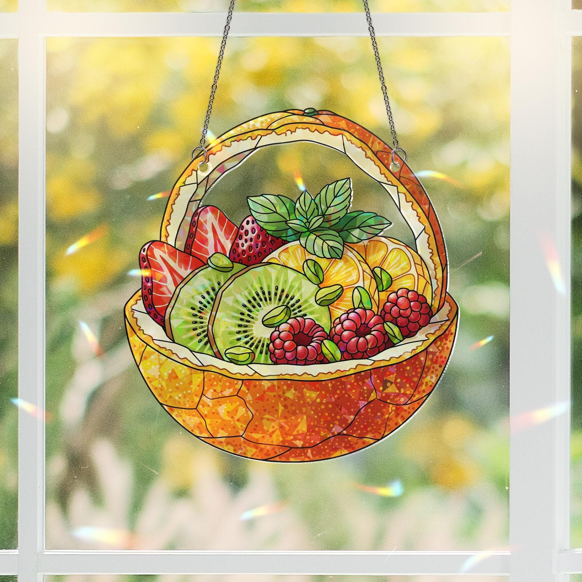 Fruit Basket Faux Stained Glass Suncatcher – Colorful Holographic Window Hanging Kitchen Decor, Summer Fruit Lover Gift, Window Art