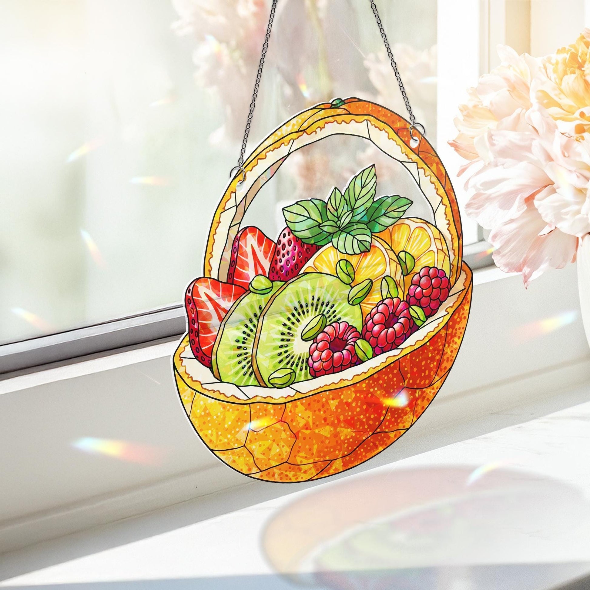 Fruit Basket Faux Stained Glass Suncatcher – Colorful Holographic Window Hanging Kitchen Decor, Summer Fruit Lover Gift, Window Art