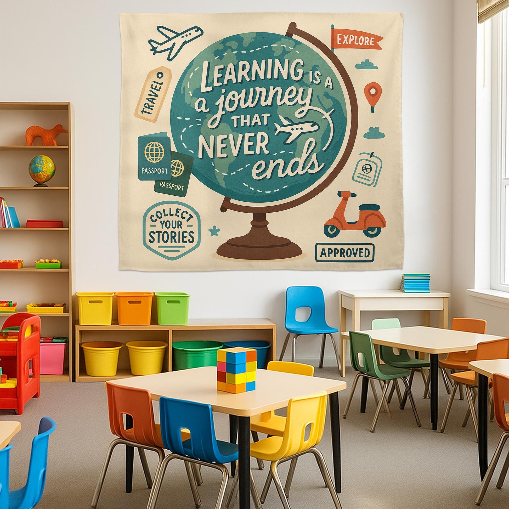 Learning Is a Journey That Never Ends Tapestry, Classroom Globe Wall Decor, Teacher Travel Theme Banner, Educational Room Sign