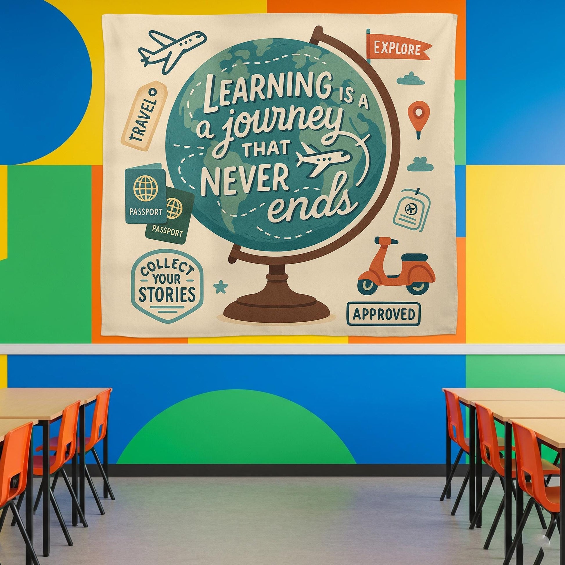 Learning Is a Journey That Never Ends Tapestry, Classroom Globe Wall Decor, Teacher Travel Theme Banner, Educational Room Sign