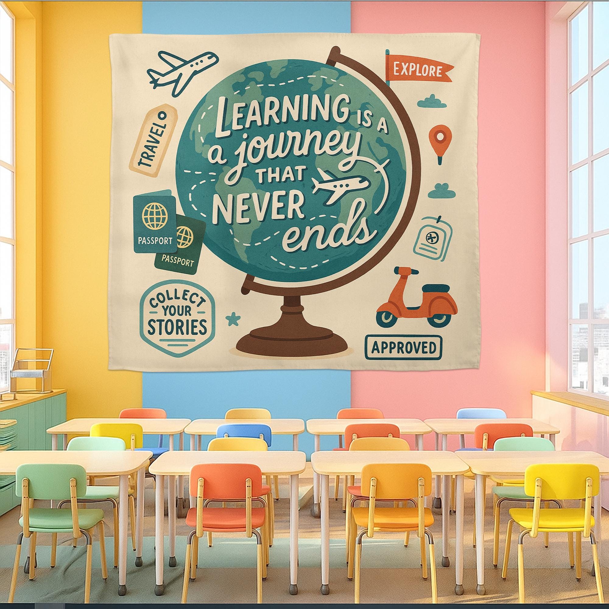 Learning Is a Journey That Never Ends Tapestry, Classroom Globe Wall Decor, Teacher Travel Theme Banner, Educational Room Sign