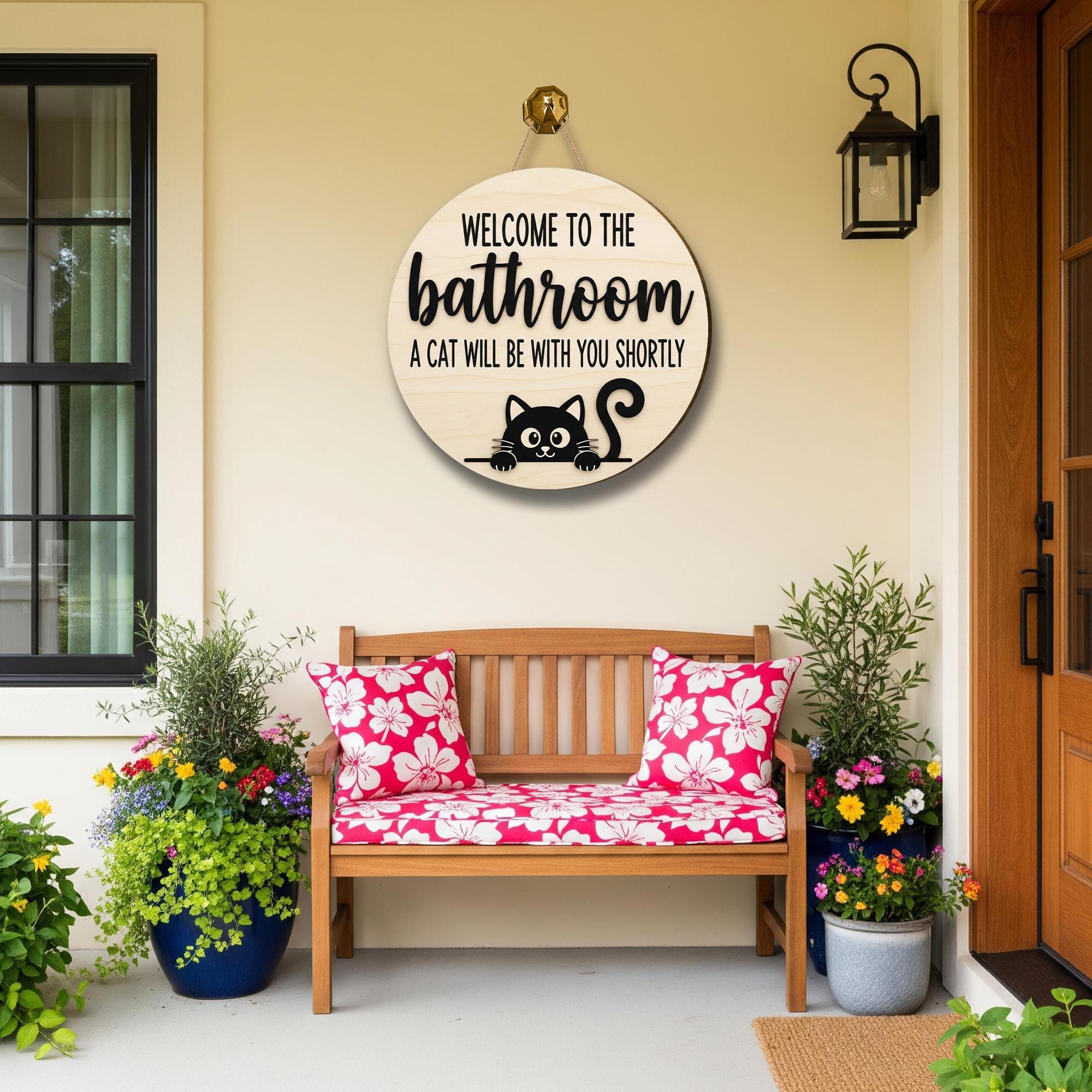 Funny Cat Bathroom Sign, Welcome to the Bathroom Wood Door Sign, Cat Will Be With You Shortly, Cute Pet Lover Restroom Decor, Black Cat Sign