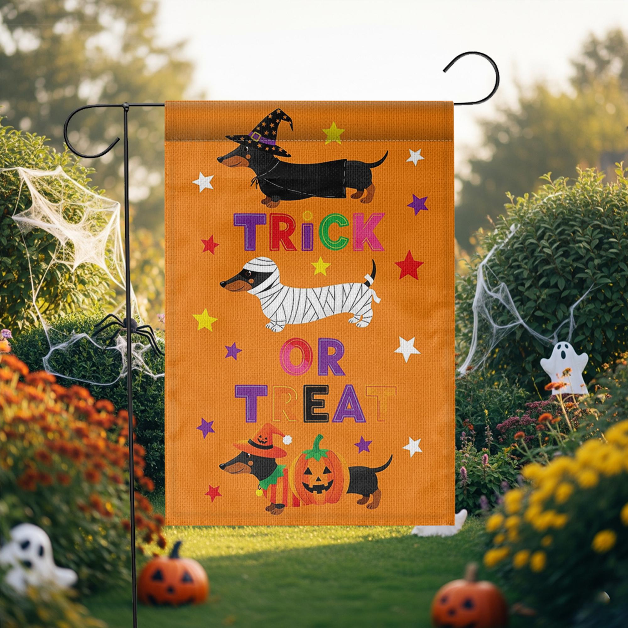 Halloween Dachshund Garden Flag, Trick or Treat Dog Yard Decor, Fall Outdoor Halloween Decoration, Cute Wiener Dog Flag, Halloween Decor