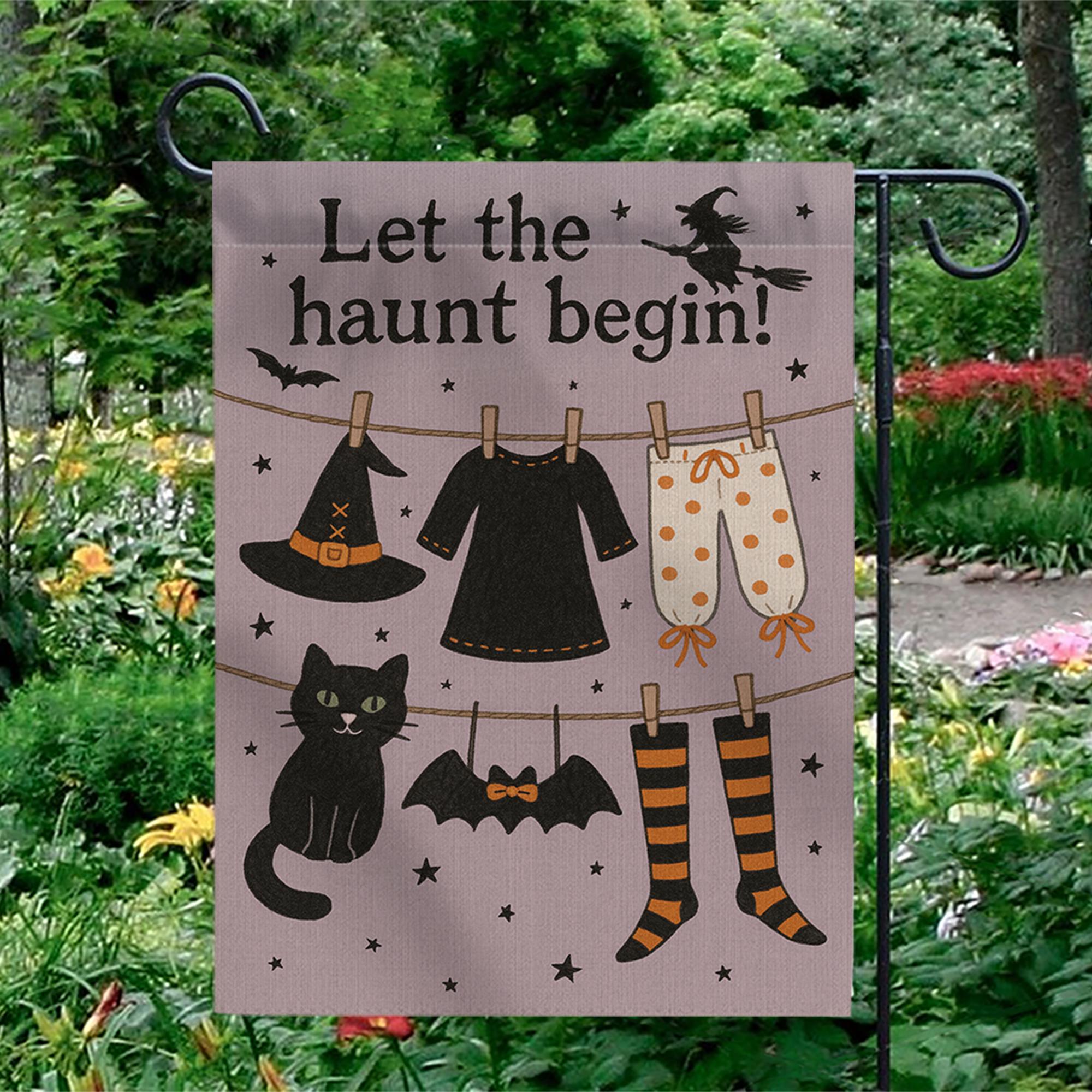 Let the Haunt Begin Garden Flag, Halloween Witch Clothesline Yard Decor, Spooky Fall Outdoor Flag, Cute Black Cat Halloween Sign