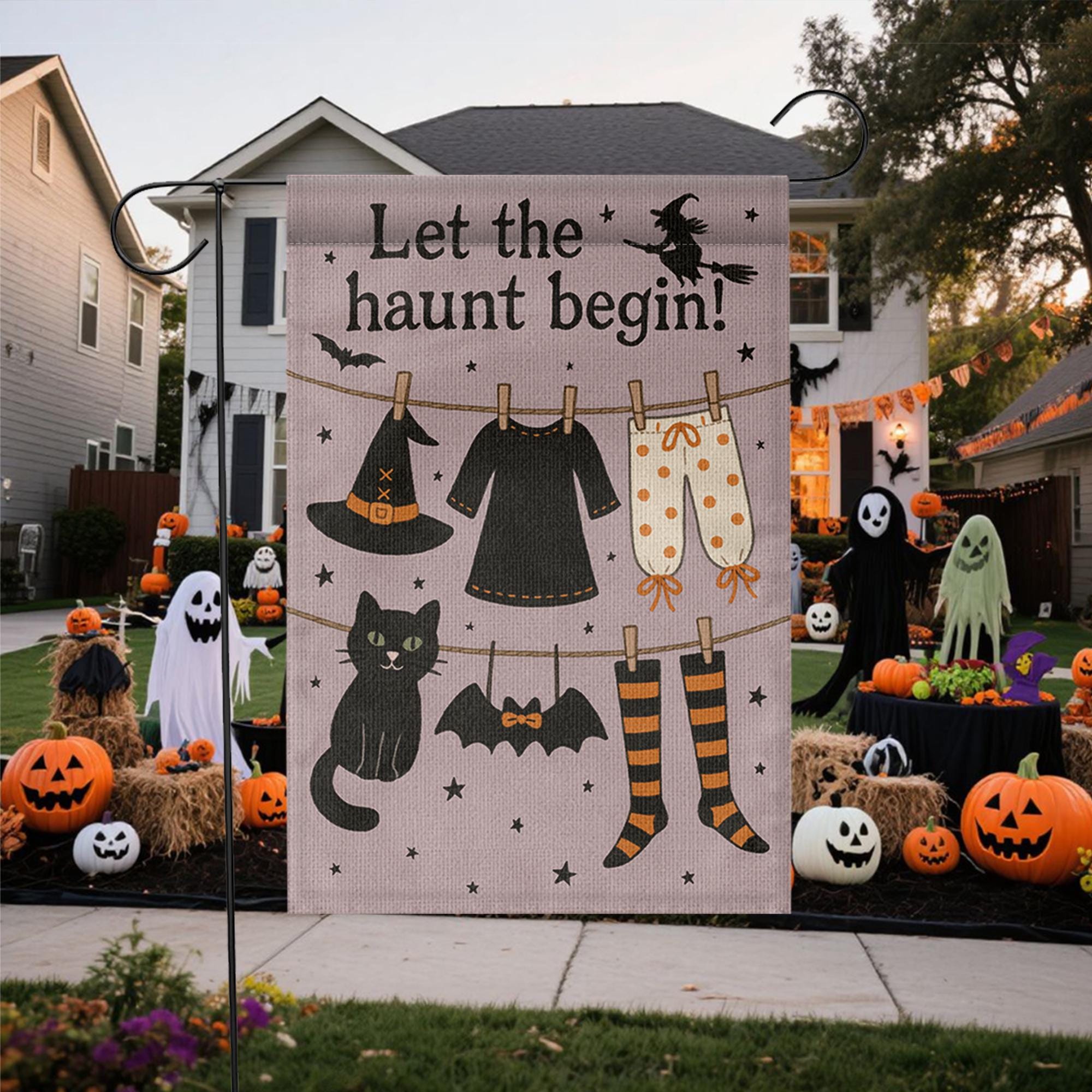 Let the Haunt Begin Garden Flag, Halloween Witch Clothesline Yard Decor, Spooky Fall Outdoor Flag, Cute Black Cat Halloween Sign