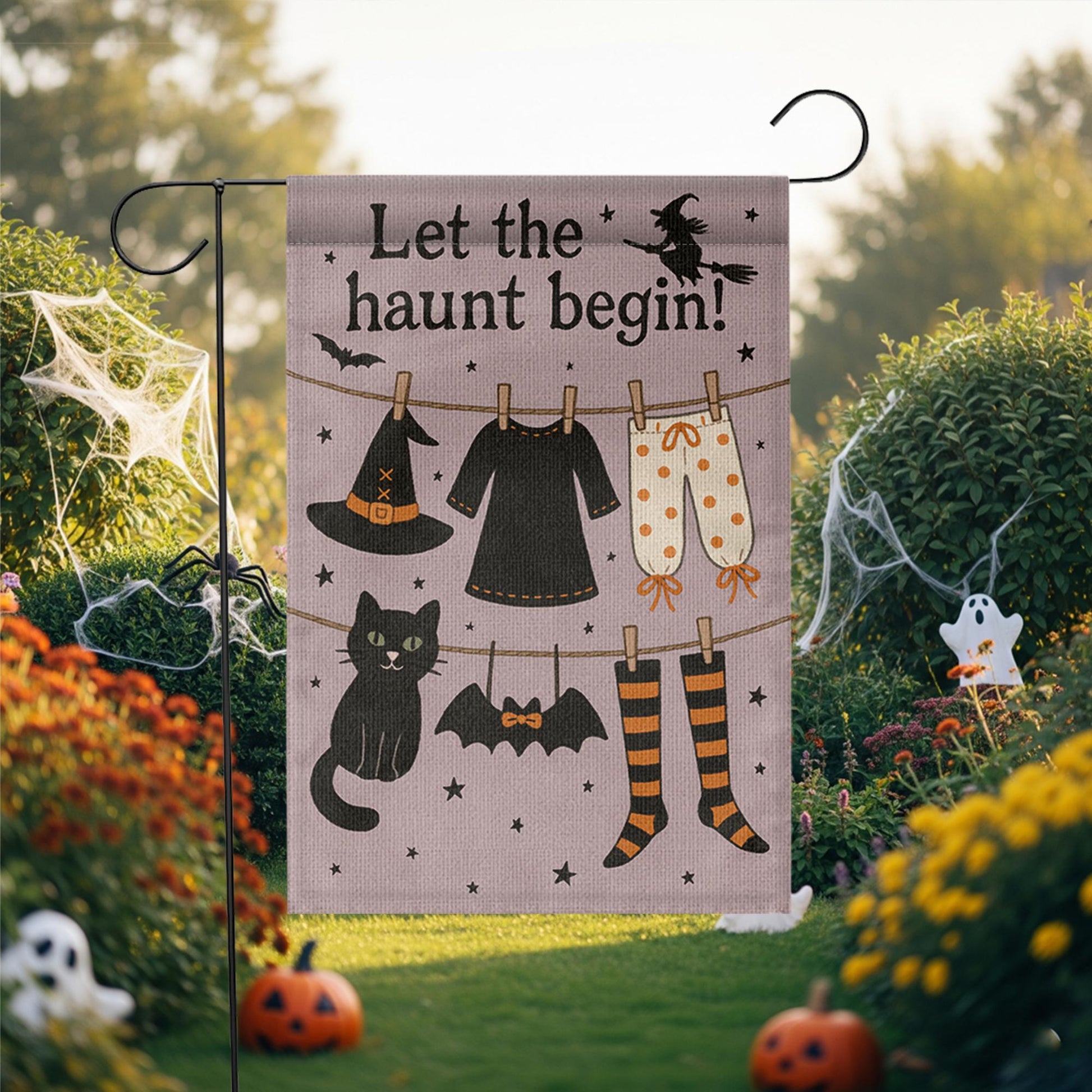 Let the Haunt Begin Garden Flag, Halloween Witch Clothesline Yard Decor, Spooky Fall Outdoor Flag, Cute Black Cat Halloween Sign