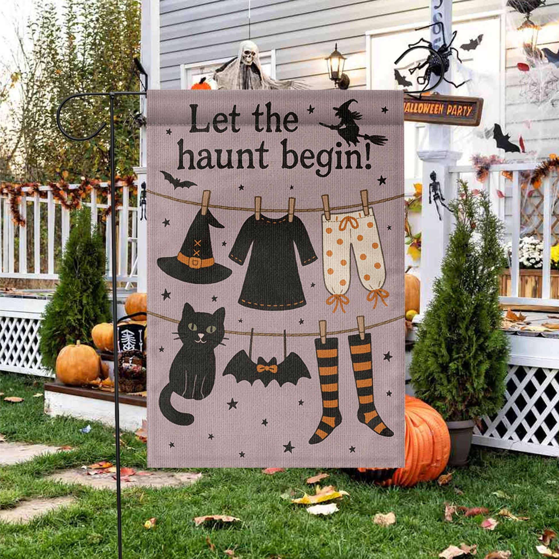 Let the Haunt Begin Garden Flag, Halloween Witch Clothesline Yard Decor, Spooky Fall Outdoor Flag, Cute Black Cat Halloween Sign