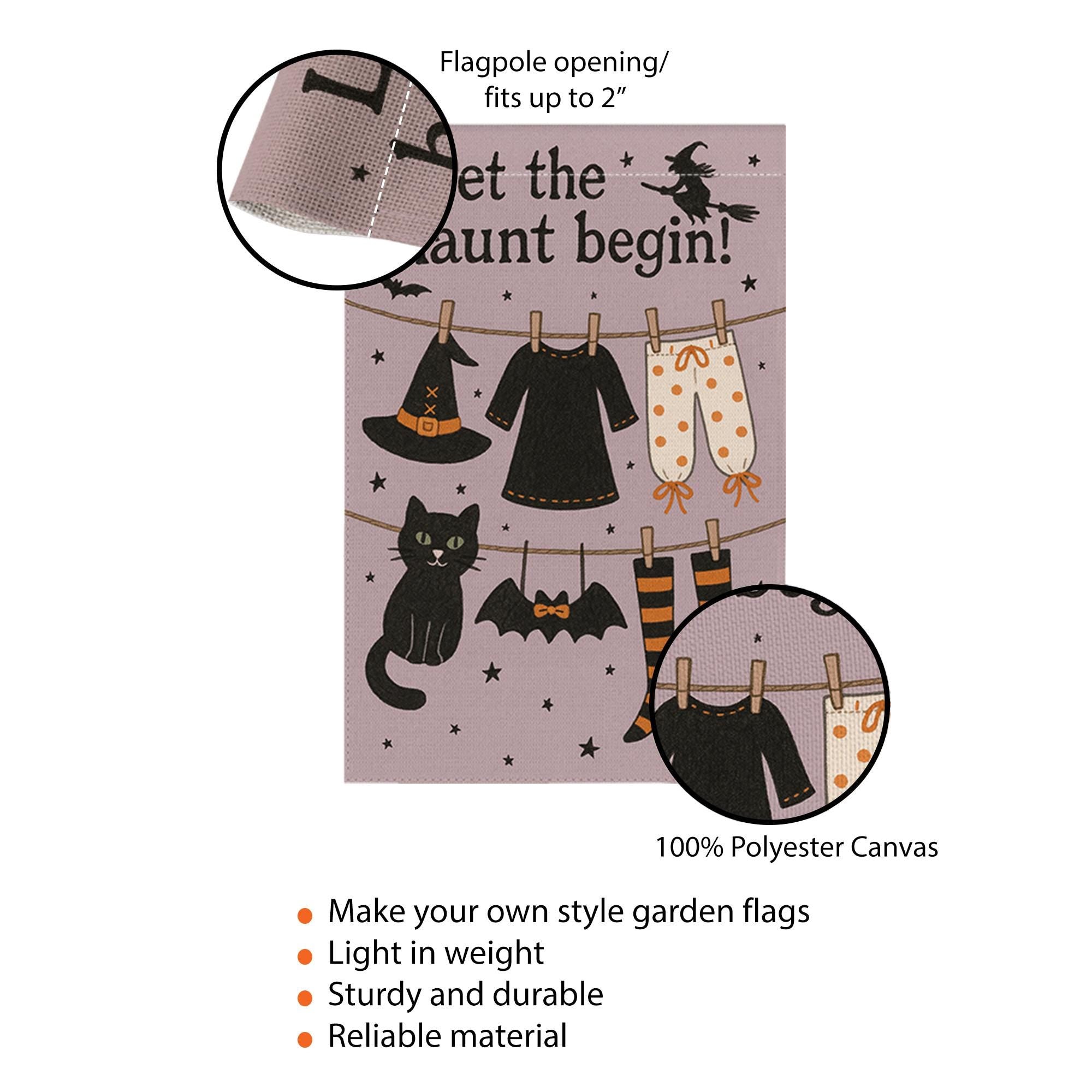 Let the Haunt Begin Garden Flag, Halloween Witch Clothesline Yard Decor, Spooky Fall Outdoor Flag, Cute Black Cat Halloween Sign