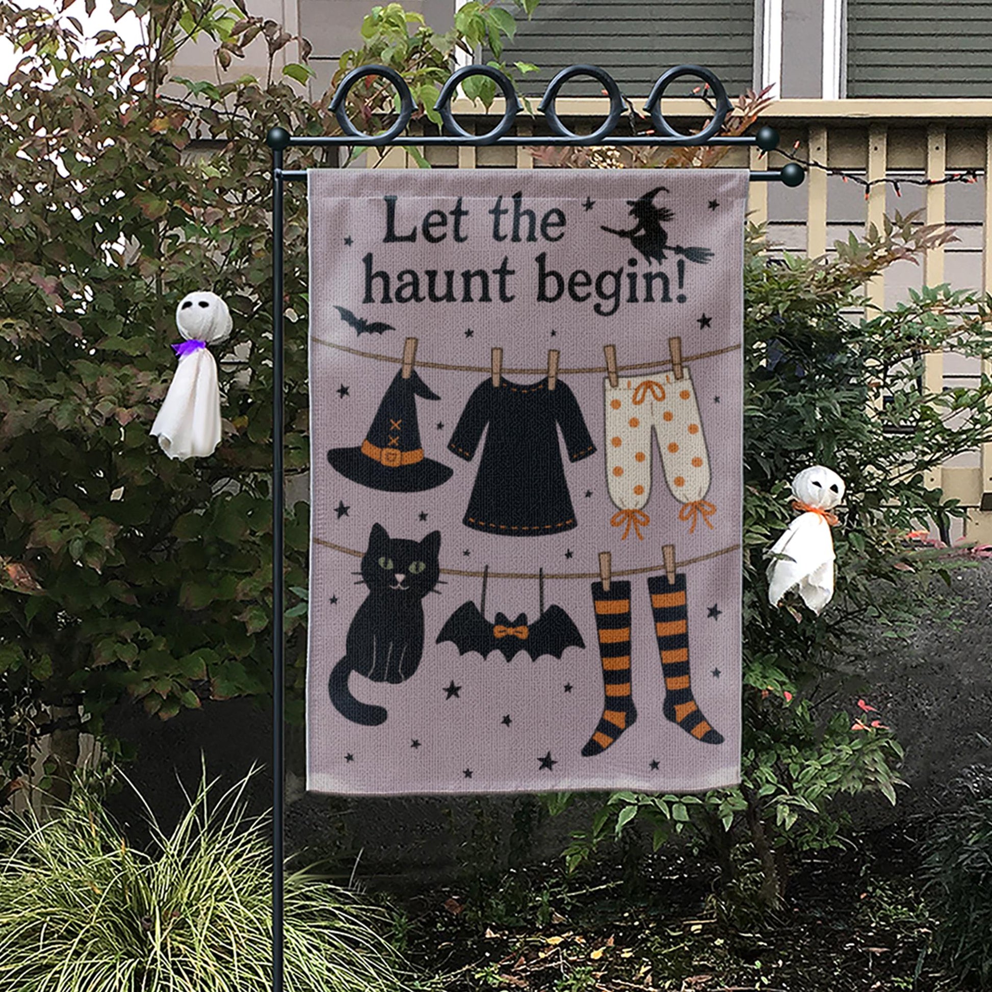 Let the Haunt Begin Garden Flag, Halloween Witch Clothesline Yard Decor, Spooky Fall Outdoor Flag, Cute Black Cat Halloween Sign