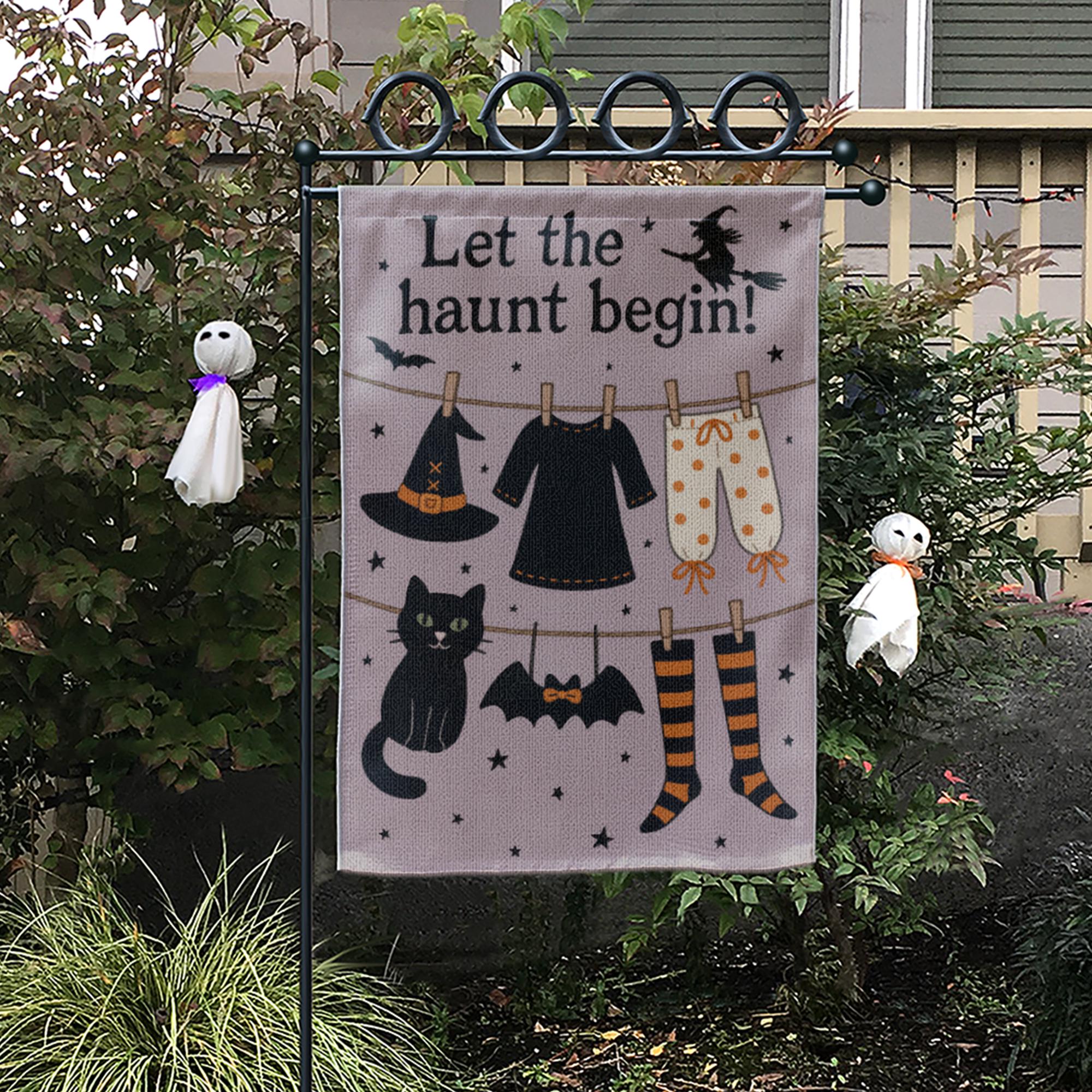 Let the Haunt Begin Garden Flag, Halloween Witch Clothesline Yard Decor, Spooky Fall Outdoor Flag, Cute Black Cat Halloween Sign