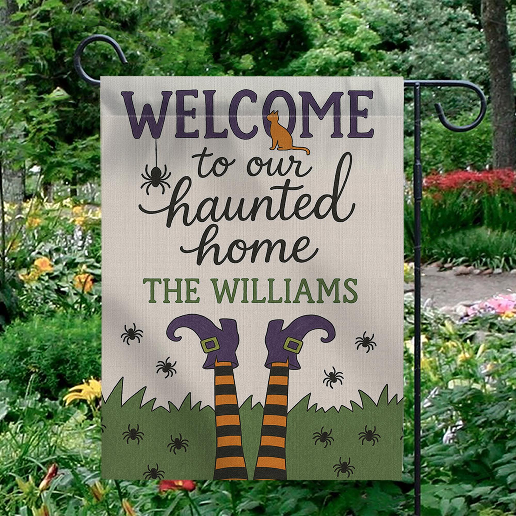 Welcome to Our Haunted Home Garden Flag, Personalized Halloween Yard Sign, Witch Legs Fall Outdoor Decor, Custom Spooky Flag