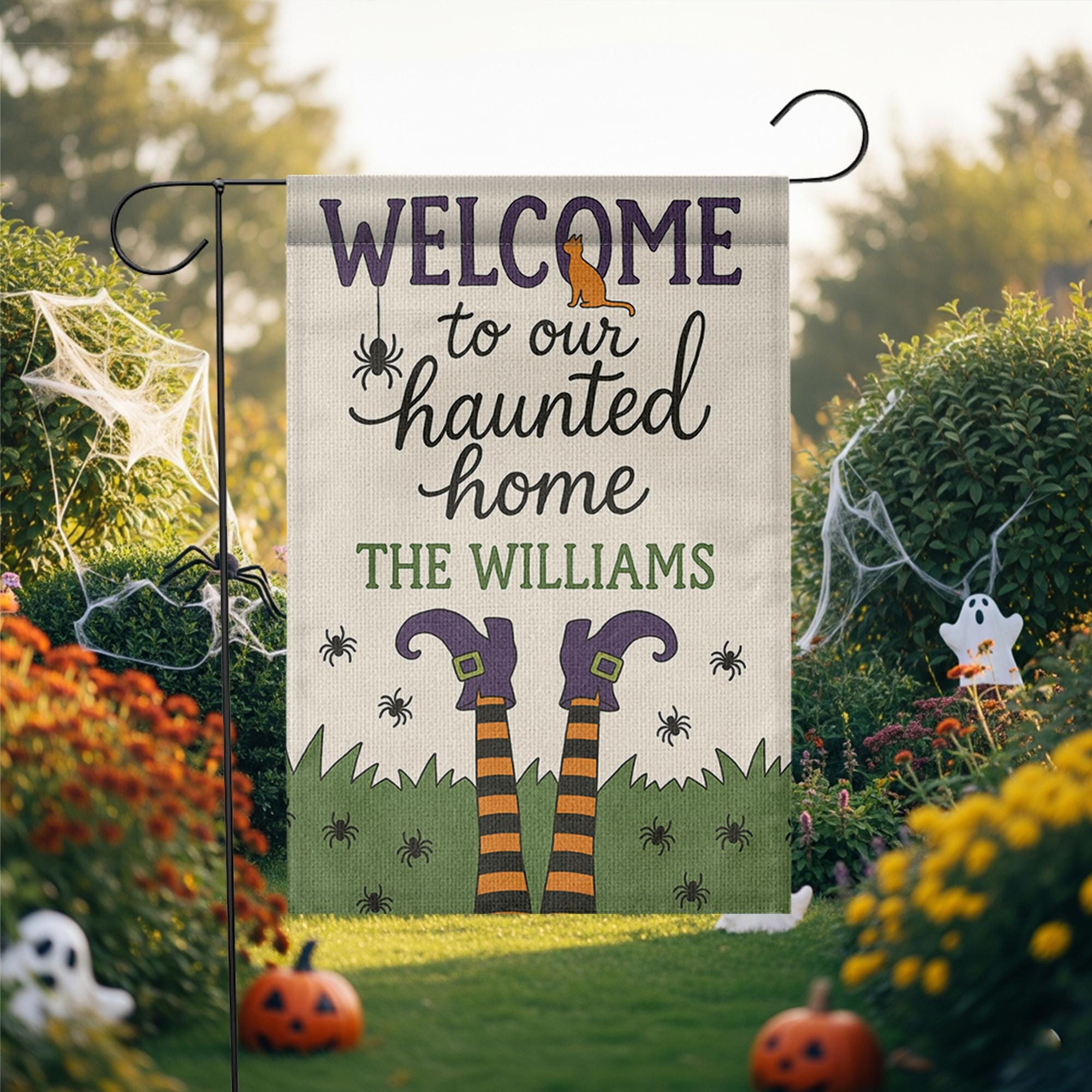 Welcome to Our Haunted Home Garden Flag, Personalized Halloween Yard Sign, Witch Legs Fall Outdoor Decor, Custom Spooky Flag
