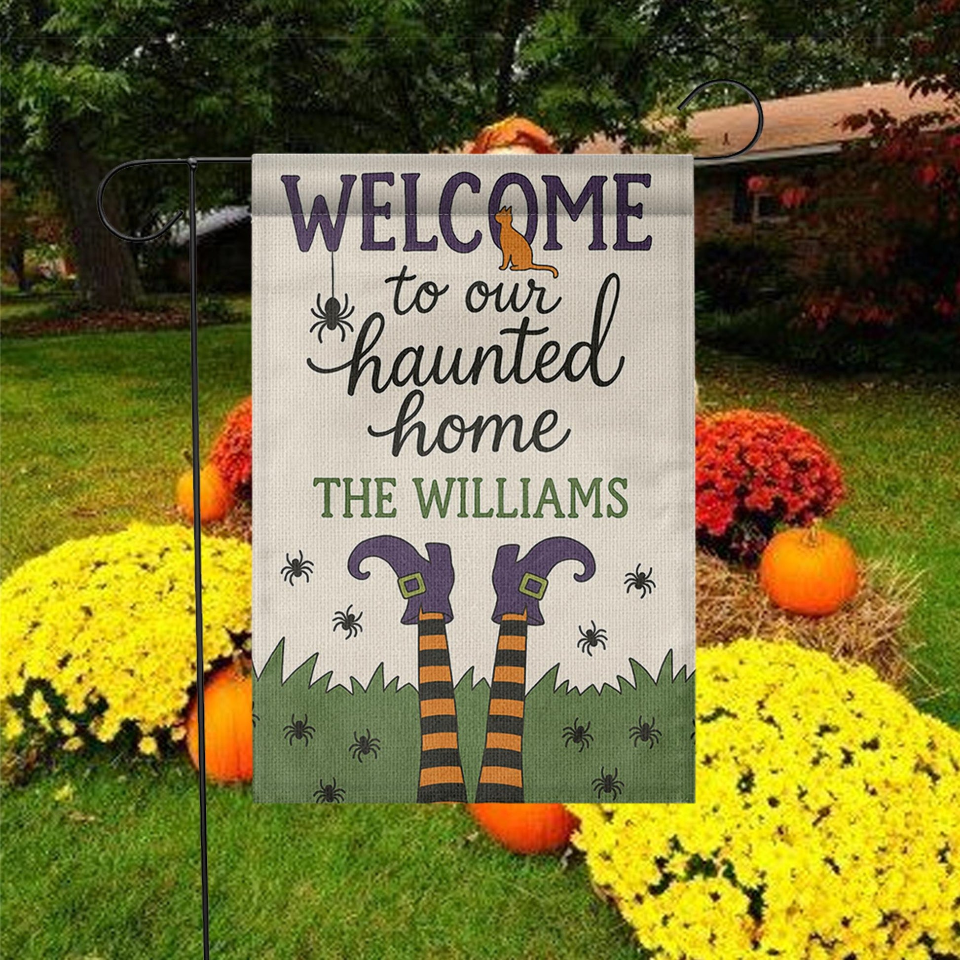 Welcome to Our Haunted Home Garden Flag, Personalized Halloween Yard Sign, Witch Legs Fall Outdoor Decor, Custom Spooky Flag
