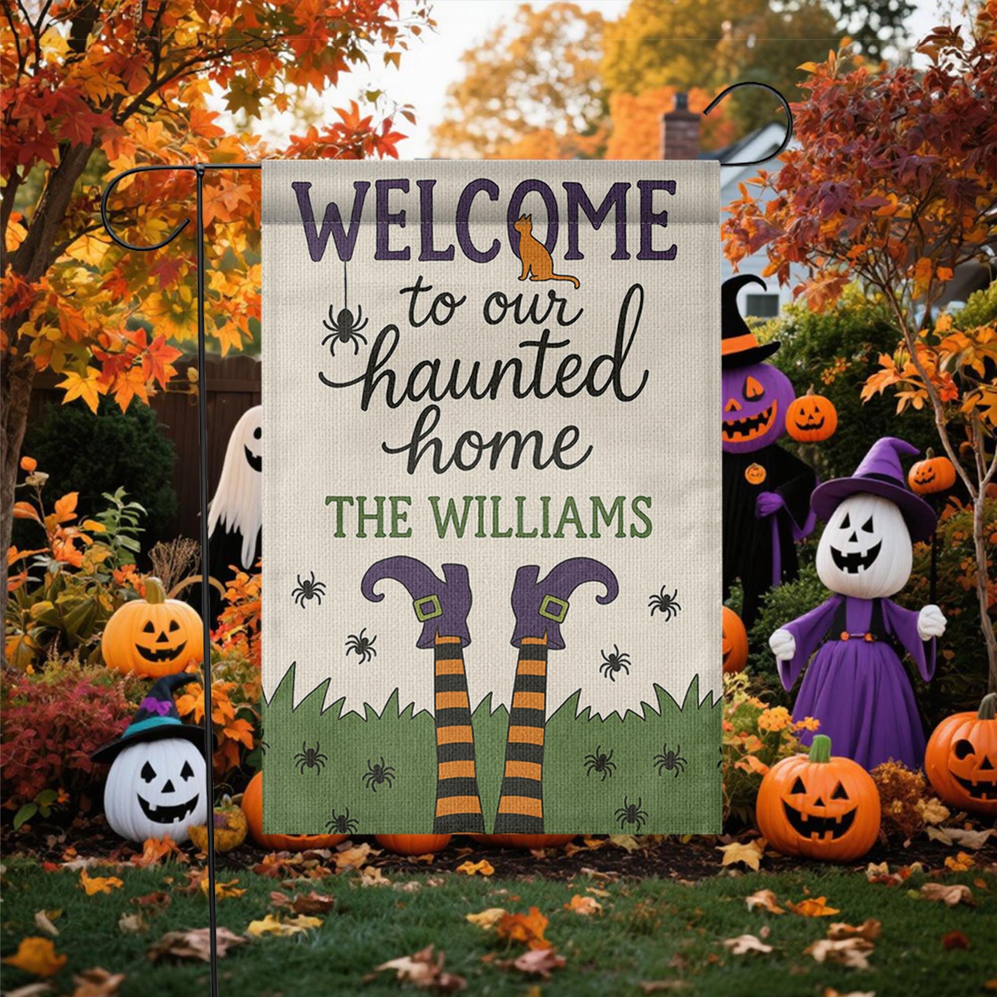 Welcome to Our Haunted Home Garden Flag, Personalized Halloween Yard Sign, Witch Legs Fall Outdoor Decor, Custom Spooky Flag