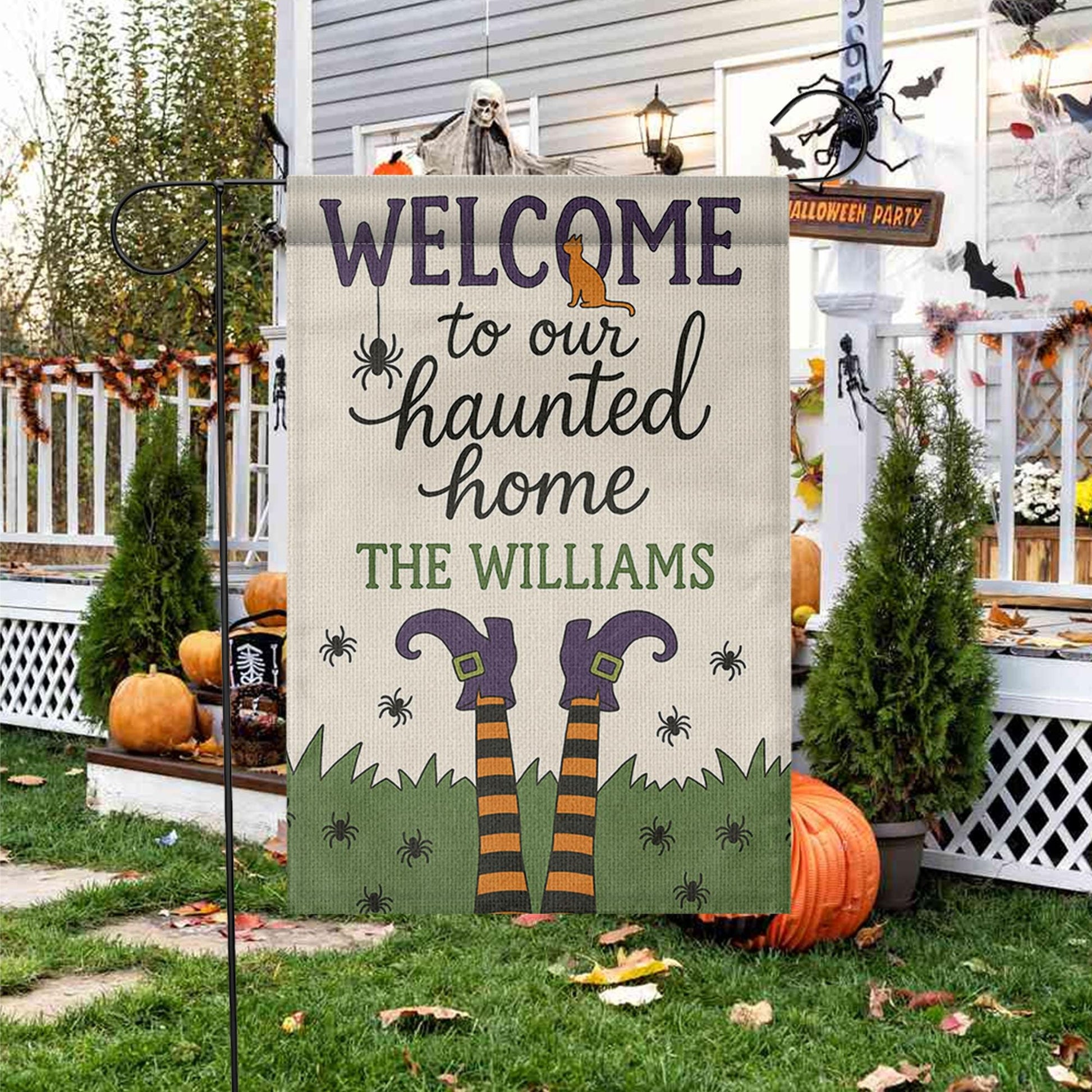 Welcome to Our Haunted Home Garden Flag, Personalized Halloween Yard Sign, Witch Legs Fall Outdoor Decor, Custom Spooky Flag