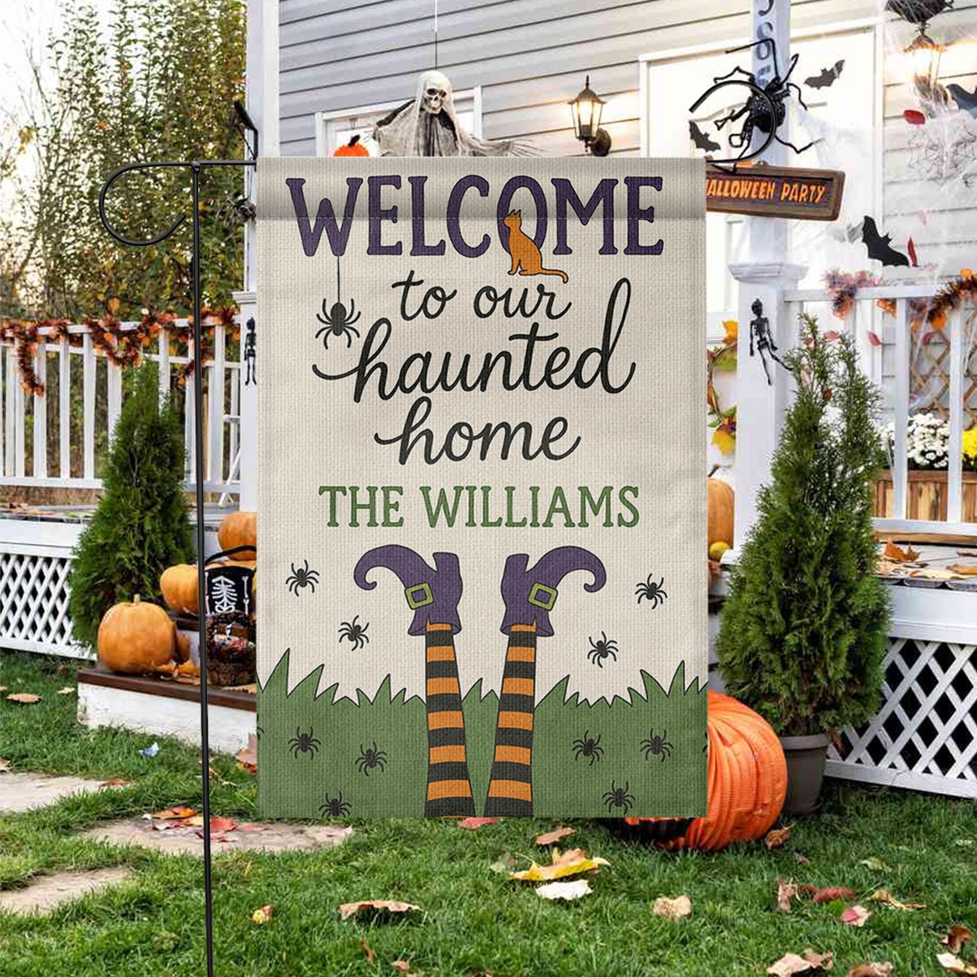 Welcome to Our Haunted Home Garden Flag, Personalized Halloween Yard Sign, Witch Legs Fall Outdoor Decor, Custom Spooky Flag