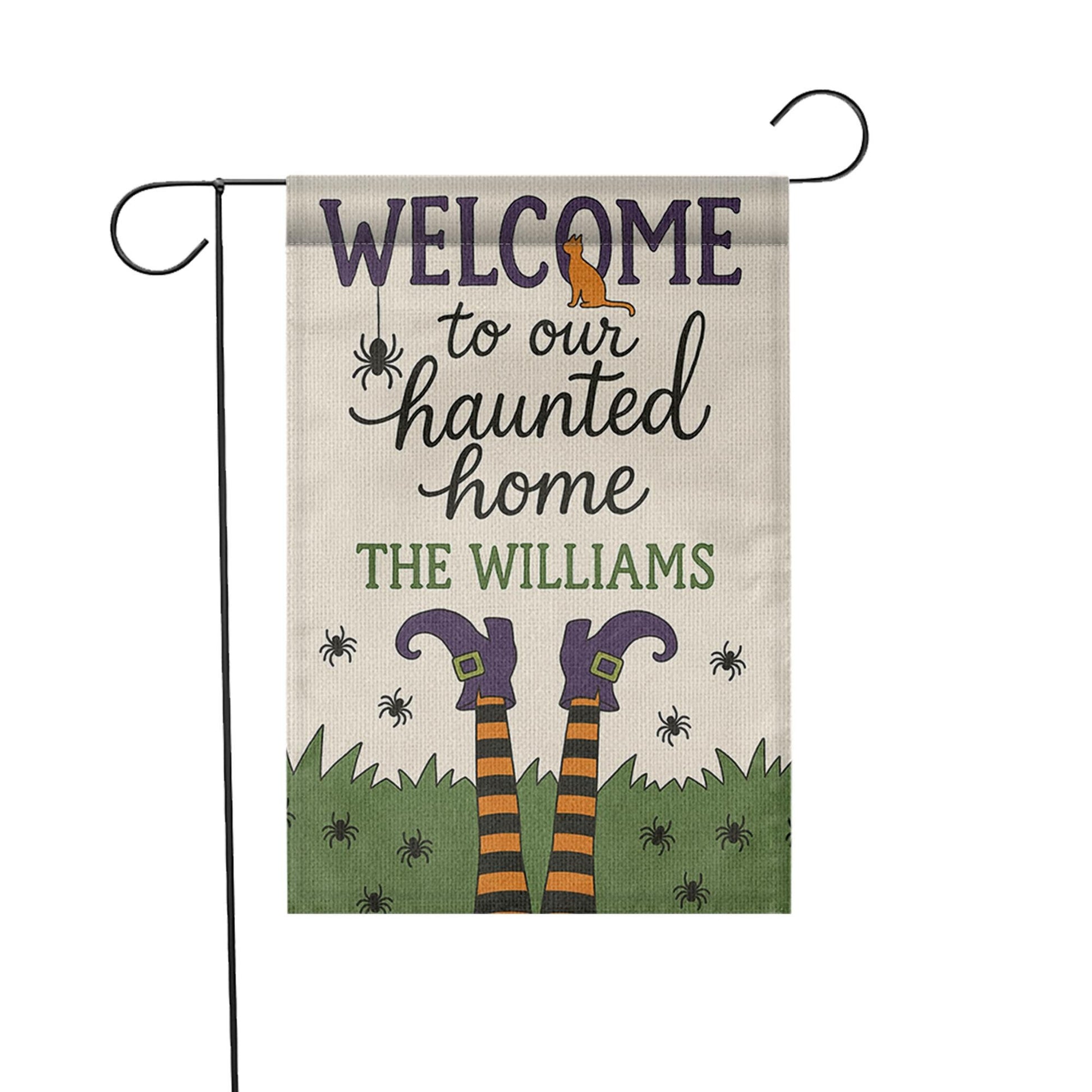 Welcome to Our Haunted Home Garden Flag, Personalized Halloween Yard Sign, Witch Legs Fall Outdoor Decor, Custom Spooky Flag