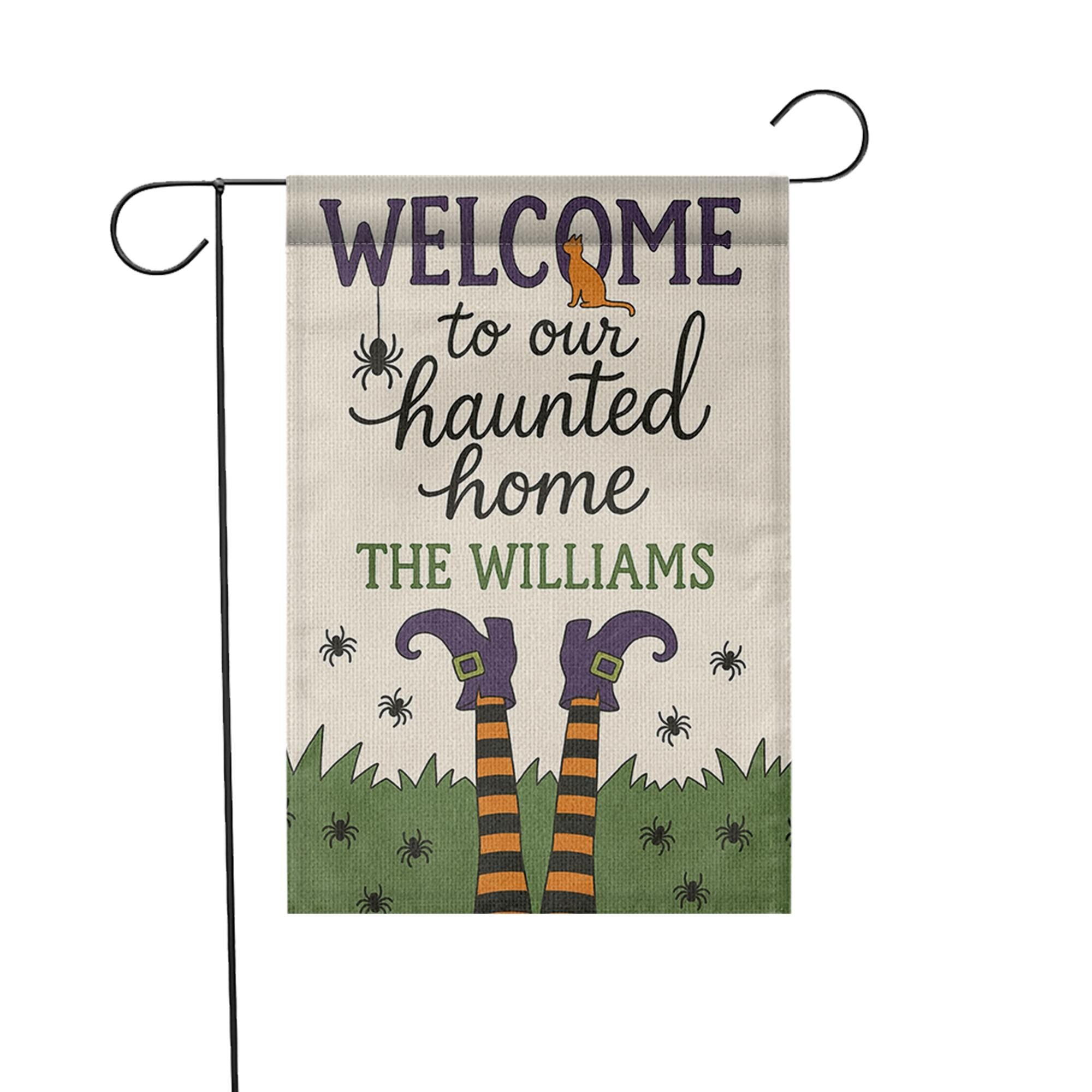 Welcome to Our Haunted Home Garden Flag, Personalized Halloween Yard Sign, Witch Legs Fall Outdoor Decor, Custom Spooky Flag