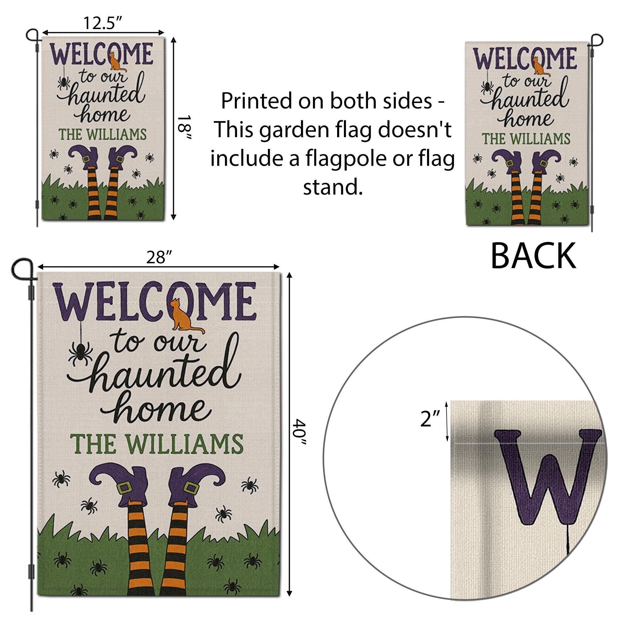 Welcome to Our Haunted Home Garden Flag, Personalized Halloween Yard Sign, Witch Legs Fall Outdoor Decor, Custom Spooky Flag