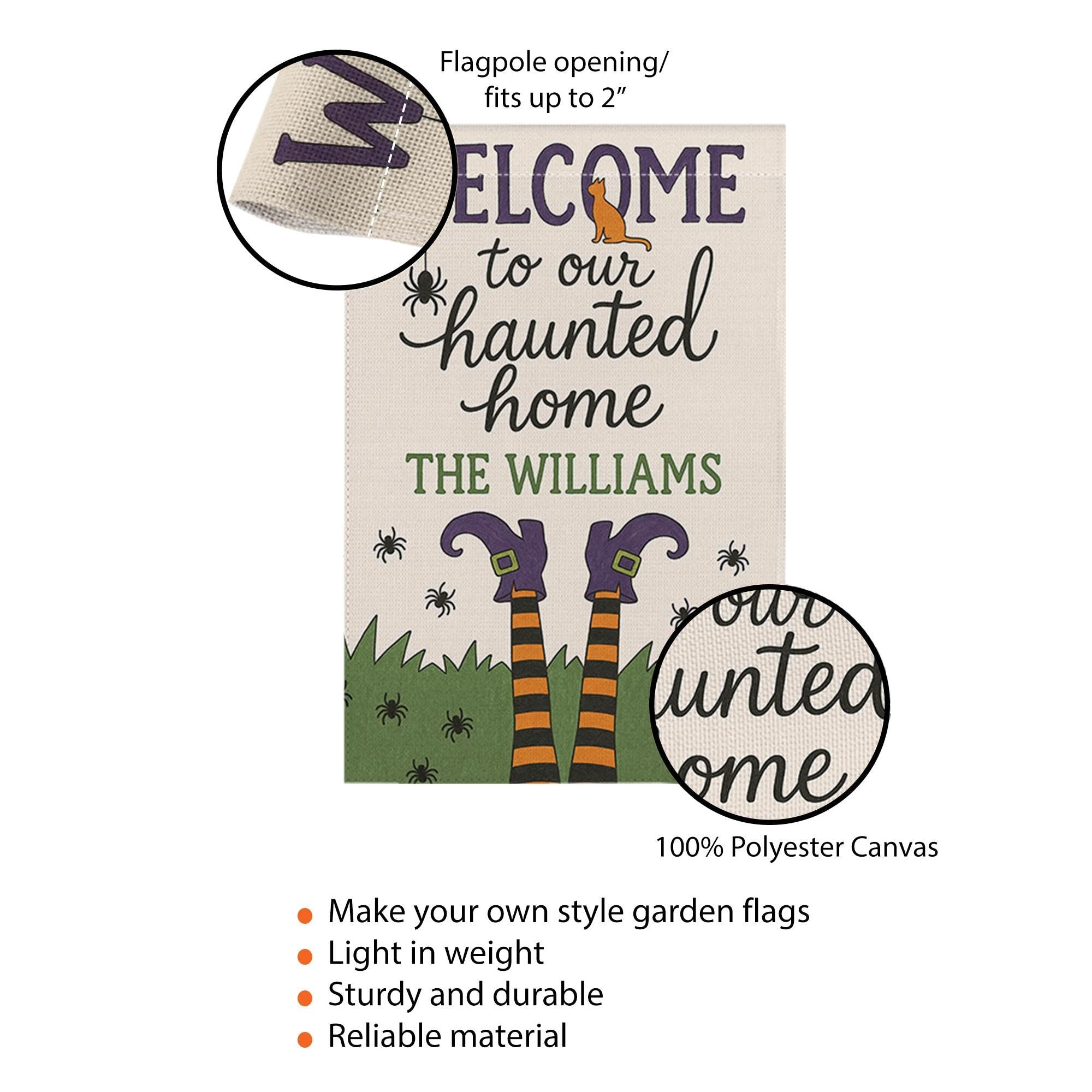 Welcome to Our Haunted Home Garden Flag, Personalized Halloween Yard Sign, Witch Legs Fall Outdoor Decor, Custom Spooky Flag