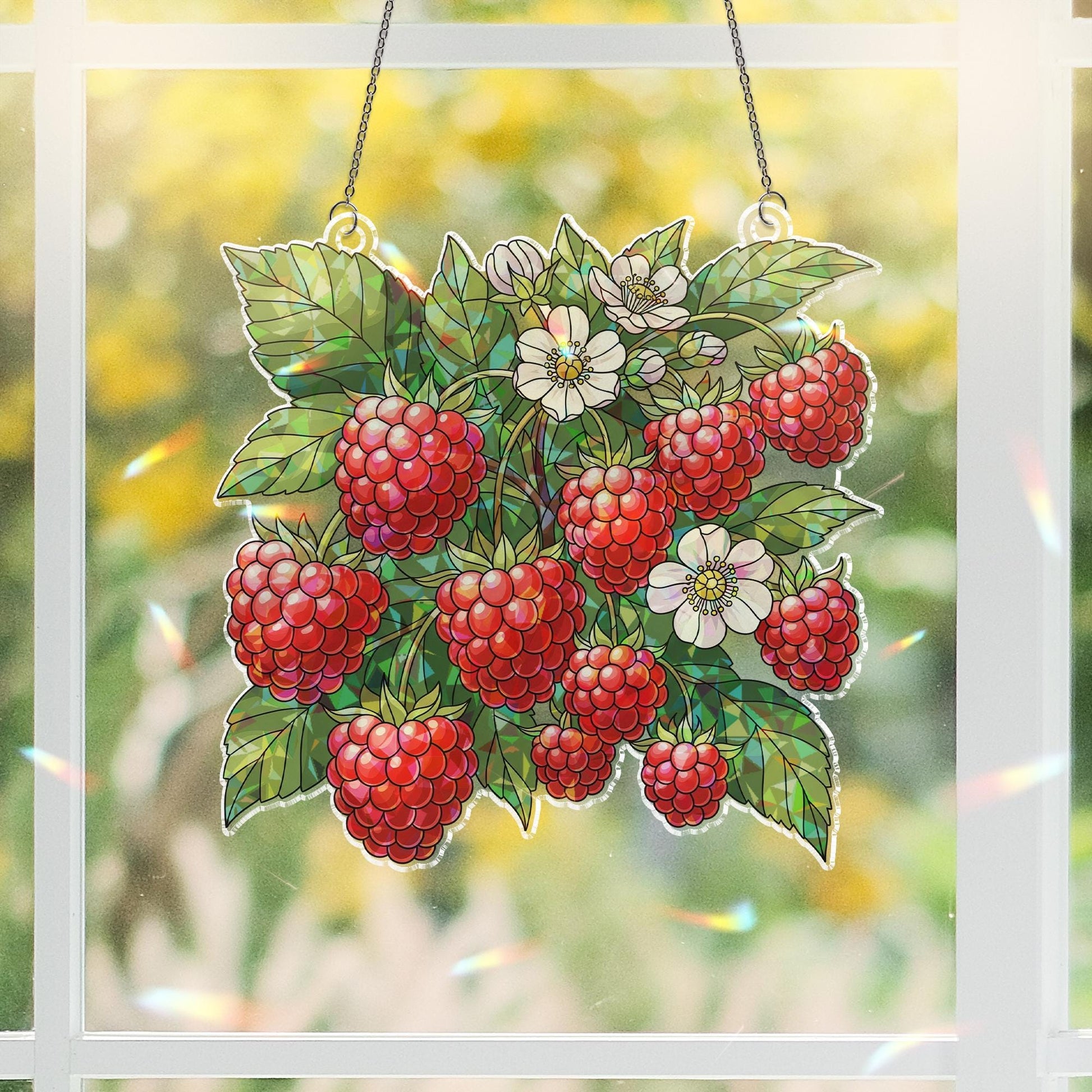 Raspberry Stained Glass Hologram Window Hanging – Faux Glass Berry Suncatcher, Kitchen Garden Decor, Botanical Window Art