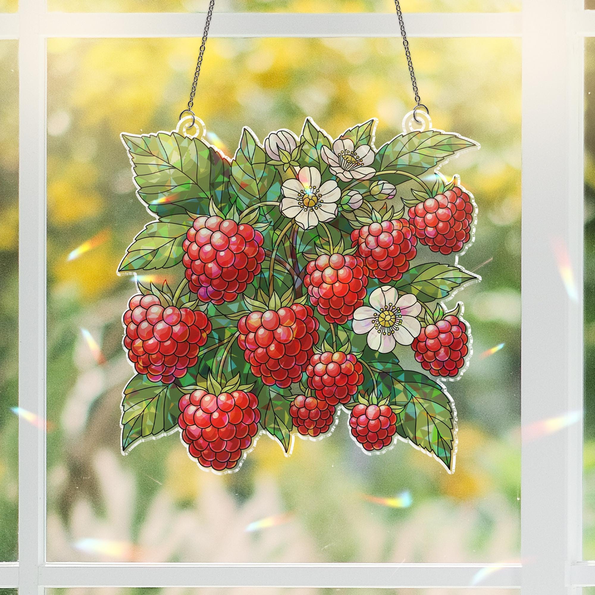 Raspberry Stained Glass Hologram Window Hanging – Faux Glass Berry Suncatcher, Kitchen Garden Decor, Botanical Window Art