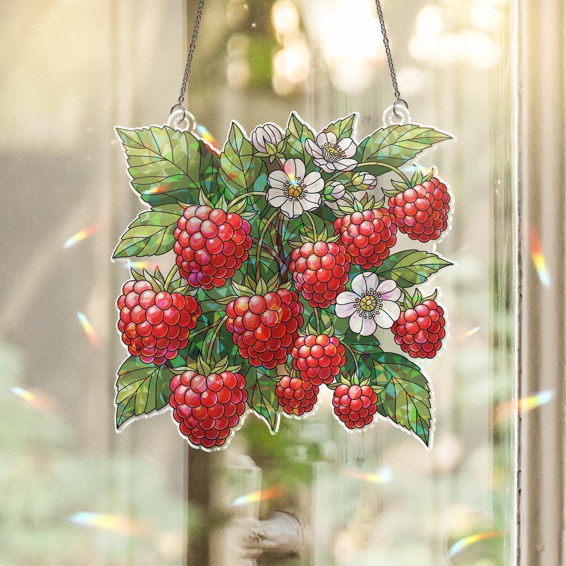 Raspberry Stained Glass Hologram Window Hanging – Faux Glass Berry Suncatcher, Kitchen Garden Decor, Botanical Window Art