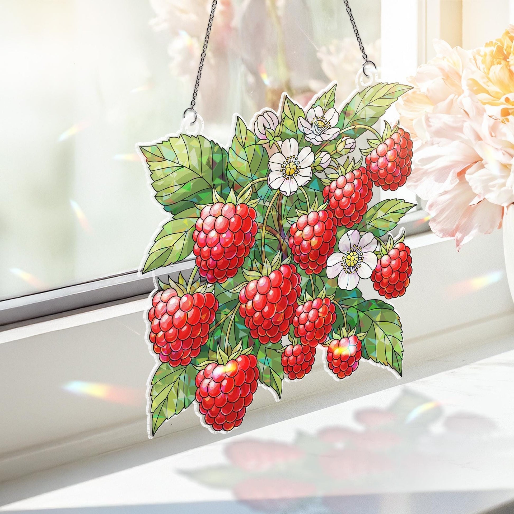 Raspberry Stained Glass Hologram Window Hanging – Faux Glass Berry Suncatcher, Kitchen Garden Decor, Botanical Window Art
