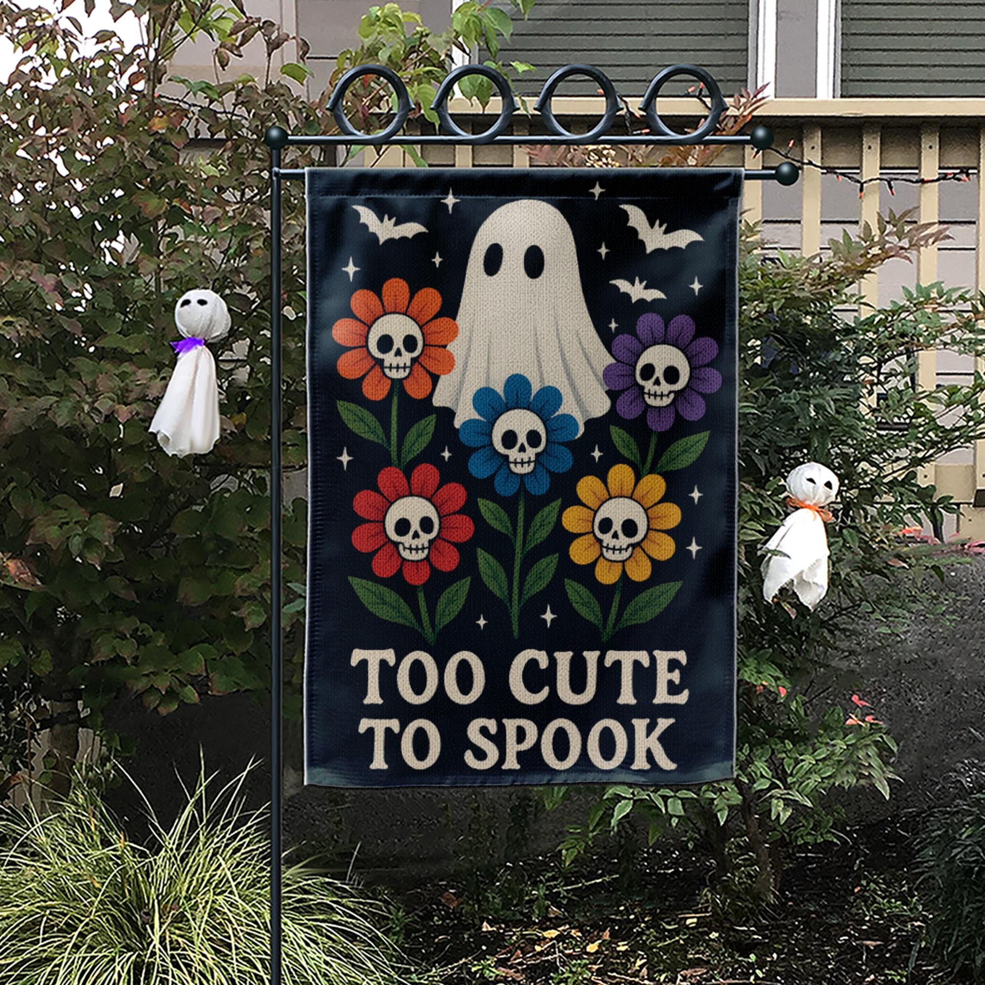Too Cute to Spook Garden Flag, Halloween Ghost Yard Sign, Floral Skull Outdoor Decor, Cute Spooky Fall Decoration for Garden or Lawn