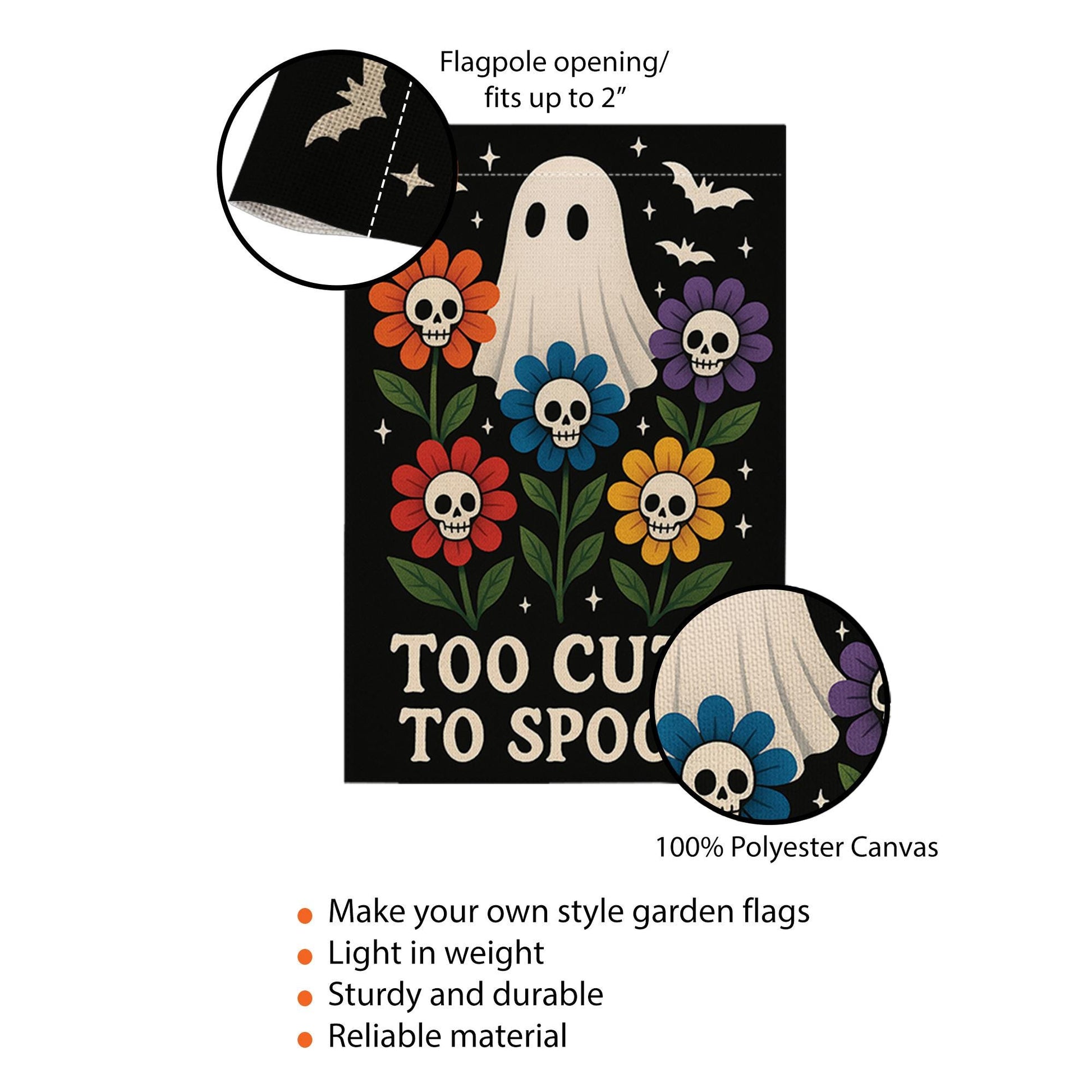 Too Cute to Spook Garden Flag, Halloween Ghost Yard Sign, Floral Skull Outdoor Decor, Cute Spooky Fall Decoration for Garden or Lawn