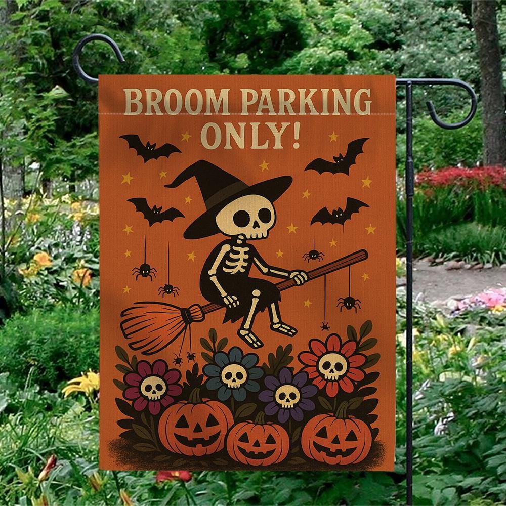 Broom Parking Only Garden Flag, Skeleton Witch Halloween Flag, Pumpkin Skull Outdoor Decor, Spooky Funny Yard Sign for Fall