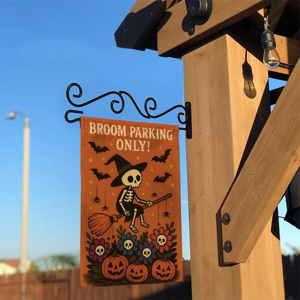 Broom Parking Only Garden Flag, Skeleton Witch Halloween Flag, Pumpkin Skull Outdoor Decor, Spooky Funny Yard Sign for Fall