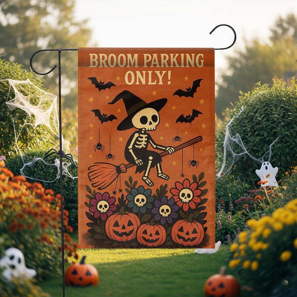 Broom Parking Only Garden Flag, Skeleton Witch Halloween Flag, Pumpkin Skull Outdoor Decor, Spooky Funny Yard Sign for Fall