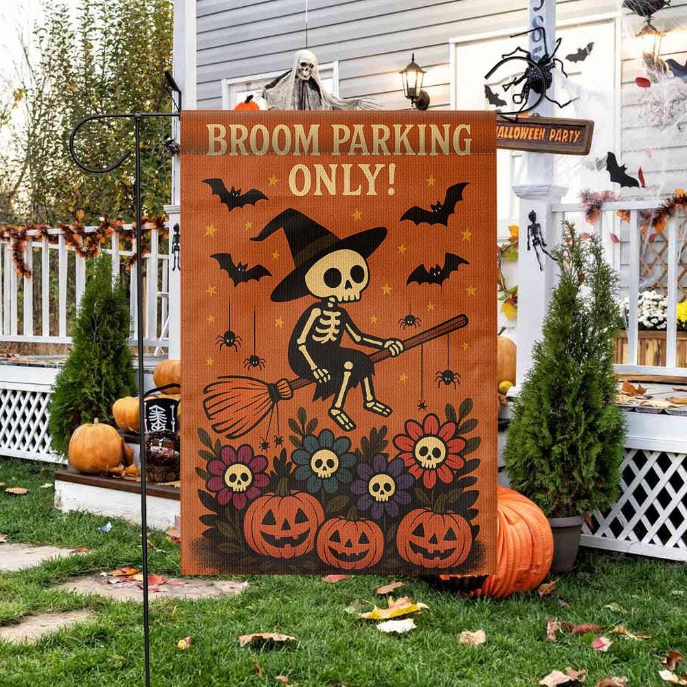 Broom Parking Only Garden Flag, Skeleton Witch Halloween Flag, Pumpkin Skull Outdoor Decor, Spooky Funny Yard Sign for Fall