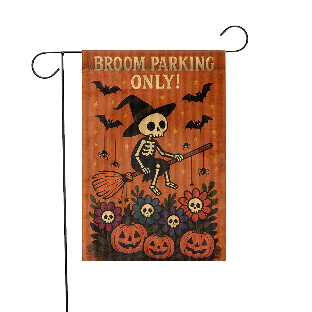 Broom Parking Only Garden Flag, Skeleton Witch Halloween Flag, Pumpkin Skull Outdoor Decor, Spooky Funny Yard Sign for Fall