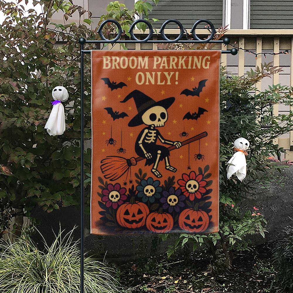 Broom Parking Only Garden Flag, Skeleton Witch Halloween Flag, Pumpkin Skull Outdoor Decor, Spooky Funny Yard Sign for Fall