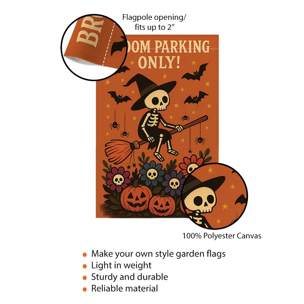 Broom Parking Only Garden Flag, Skeleton Witch Halloween Flag, Pumpkin Skull Outdoor Decor, Spooky Funny Yard Sign for Fall