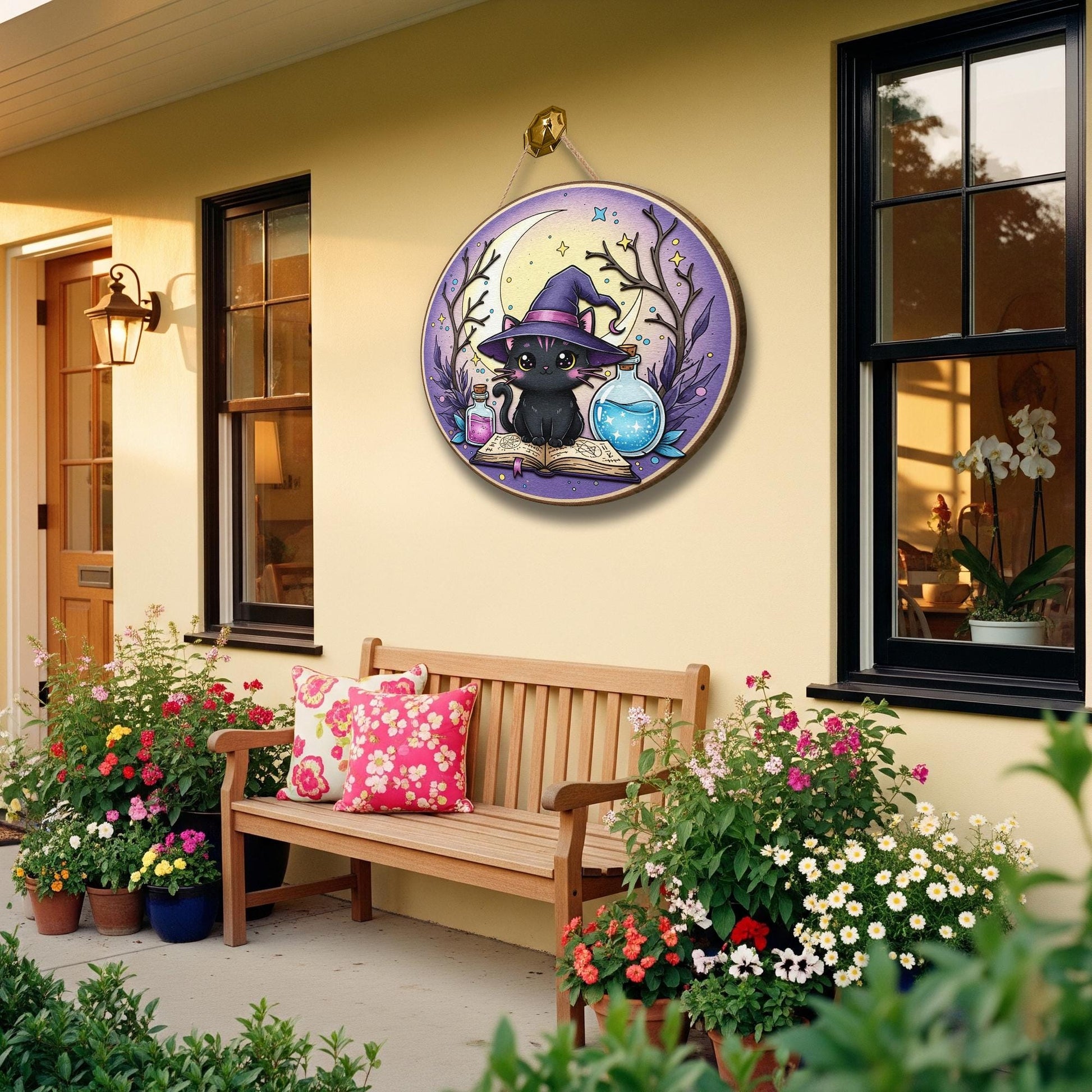 Adorable Witchy Black Cat Wooden Sign, Mystical Moon Decor, Halloween Home Accent, Whimsical Feline Art, Potion Bottle