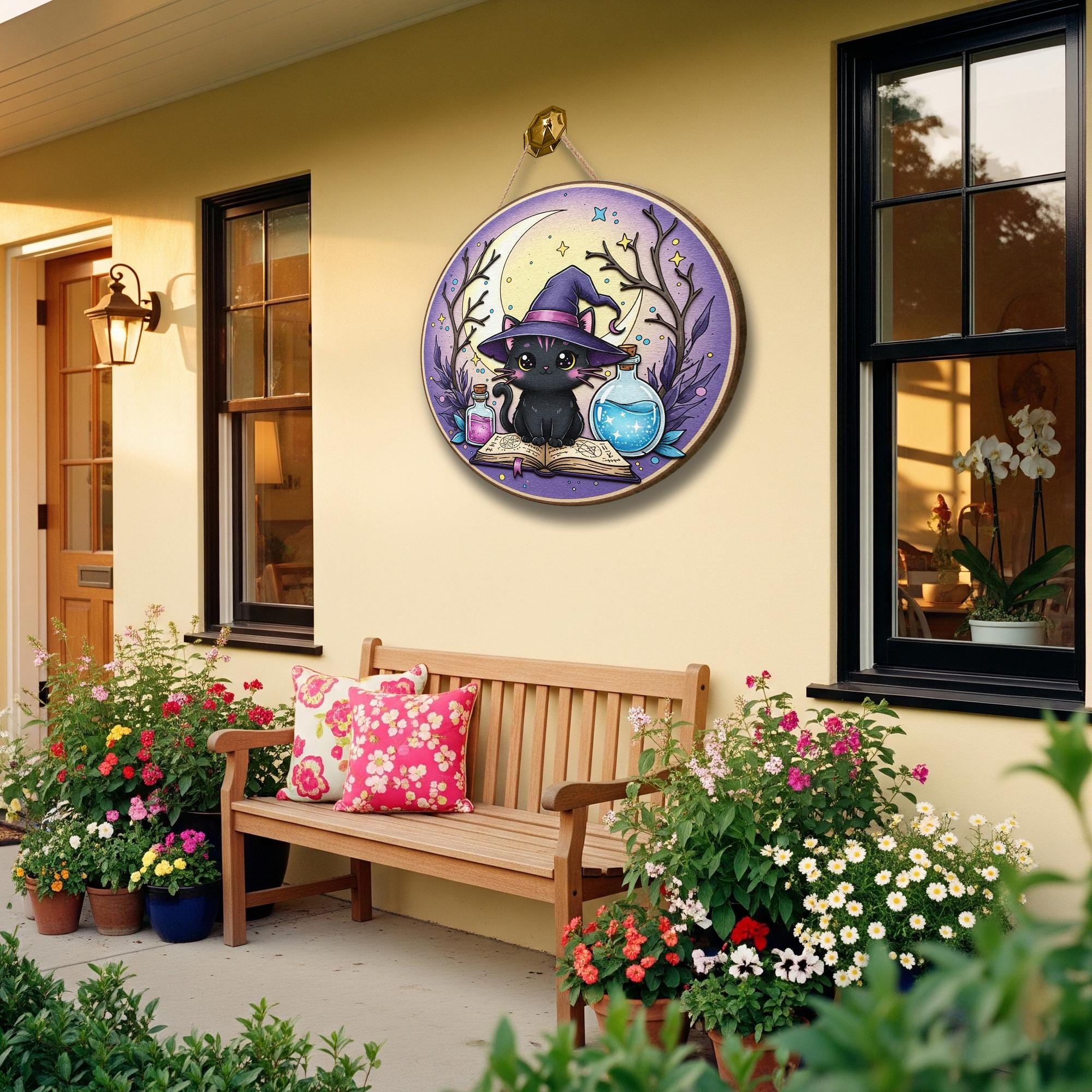 Adorable Witchy Black Cat Wooden Sign, Mystical Moon Decor, Halloween Home Accent, Whimsical Feline Art, Potion Bottle