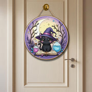 Adorable Witchy Black Cat Wooden Sign, Mystical Moon Decor, Halloween Home Accent, Whimsical Feline Art, Potion Bottle