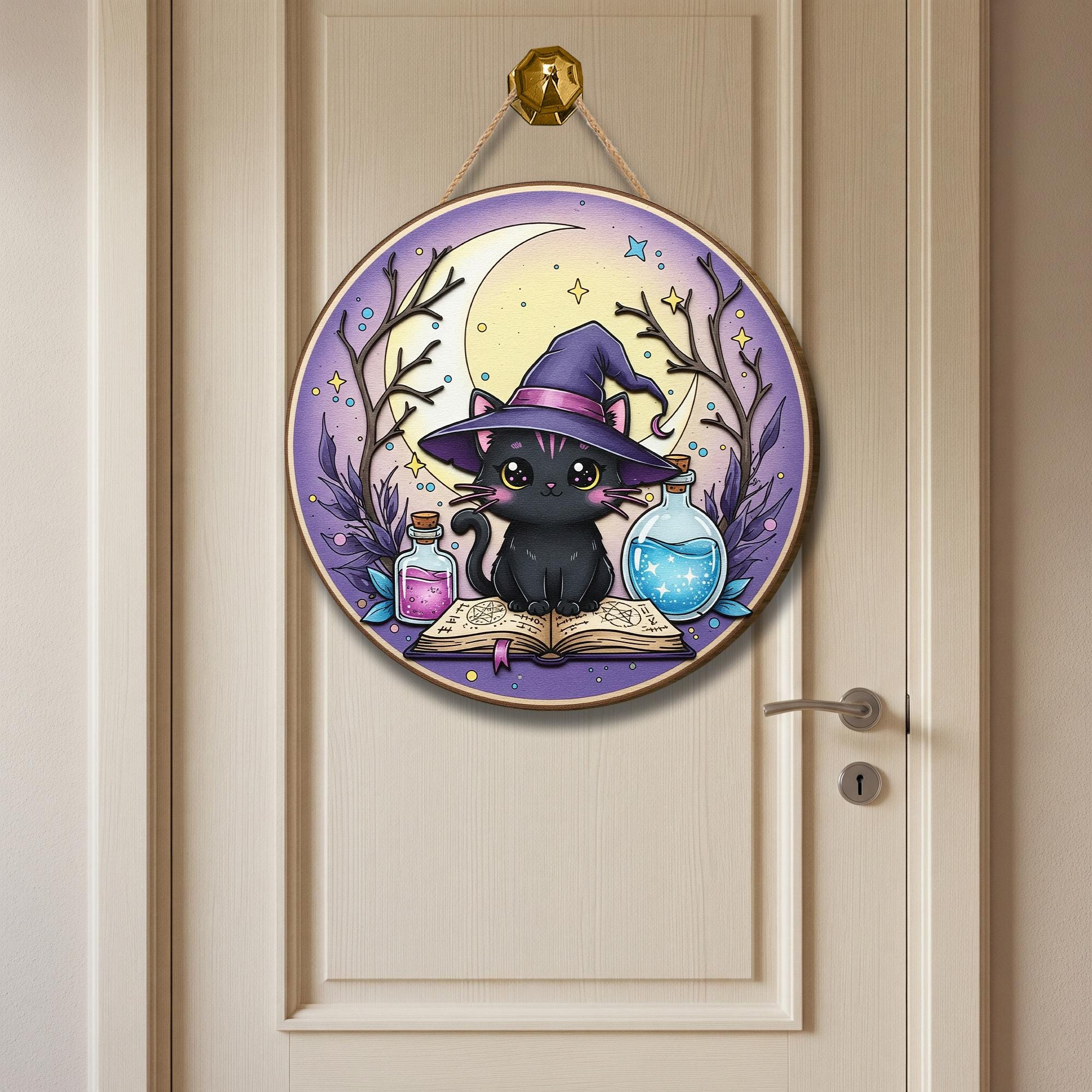 Adorable Witchy Black Cat Wooden Sign, Mystical Moon Decor, Halloween Home Accent, Whimsical Feline Art, Potion Bottle